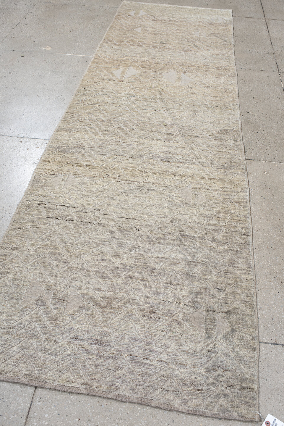 3' x 10' one-of-a-kind handmade vintage Tulu runner rug. Color palette: ivory, cream, taupe, beige, light gray, gray