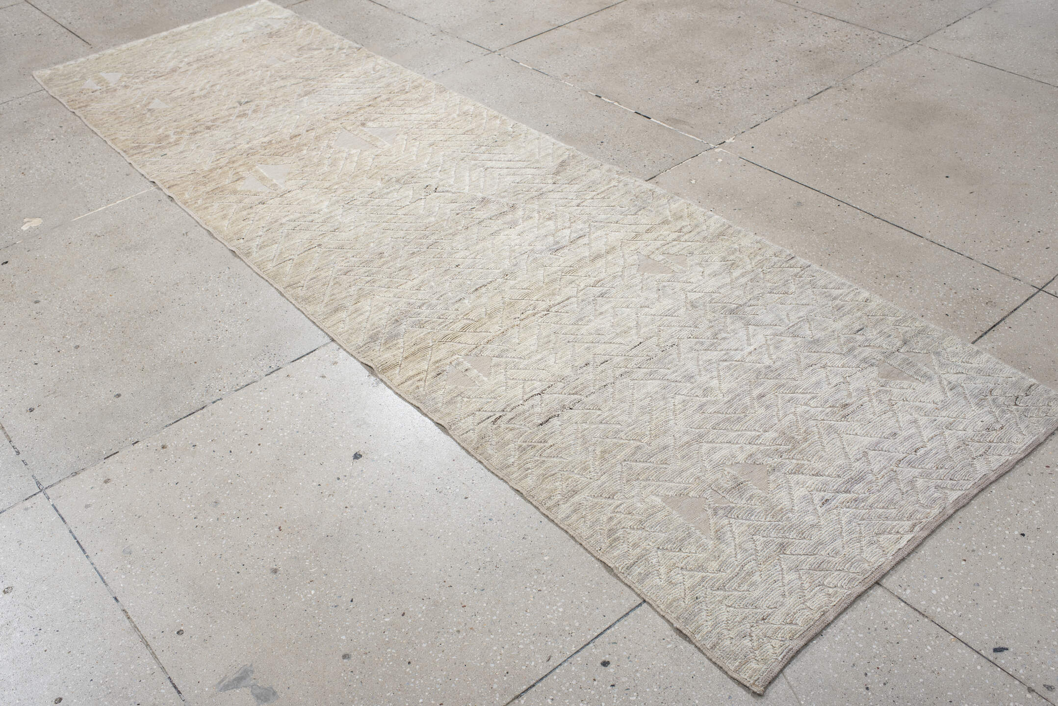 3' x 10' one-of-a-kind handmade vintage Tulu runner rug. Color palette: ivory, cream, taupe, beige, light gray, gray