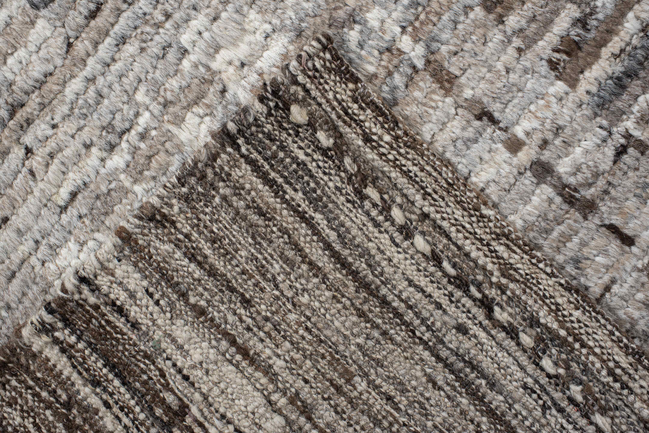6' x 9' one-of-a-kind handmade vintage Tulu medium size rug. Color palette: ivory, taupe, beige, brown, gray, cream