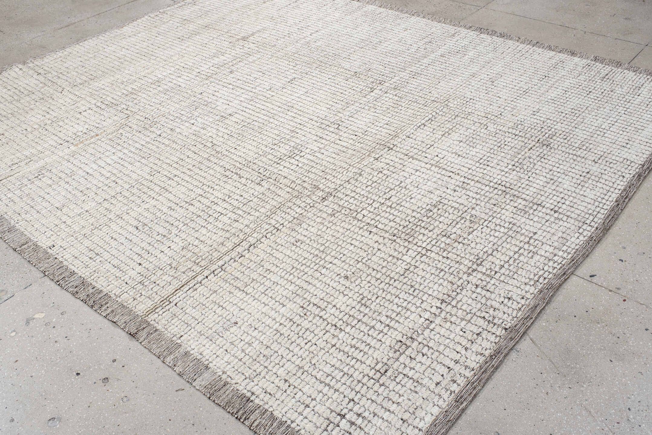 8' x 9' one-of-a-kind handmade vintage Tulu rug. Color palette: ivory, taupe, gray, cream, beige