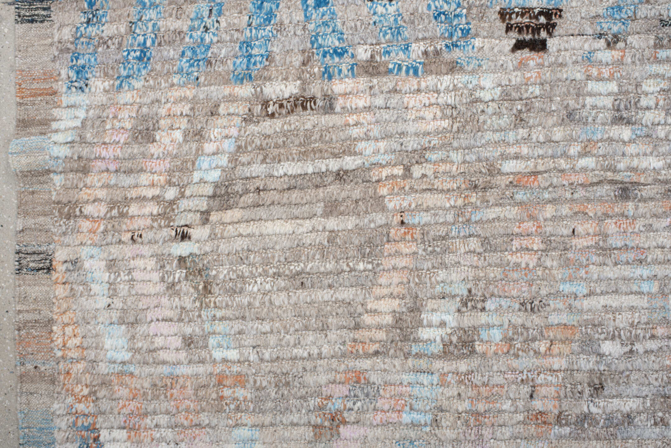 8' x 12' one-of-a-kind handmade vintage Tulu large size rug. Color palette: ivory, sky blue, taupe, charcoal, peach, gray