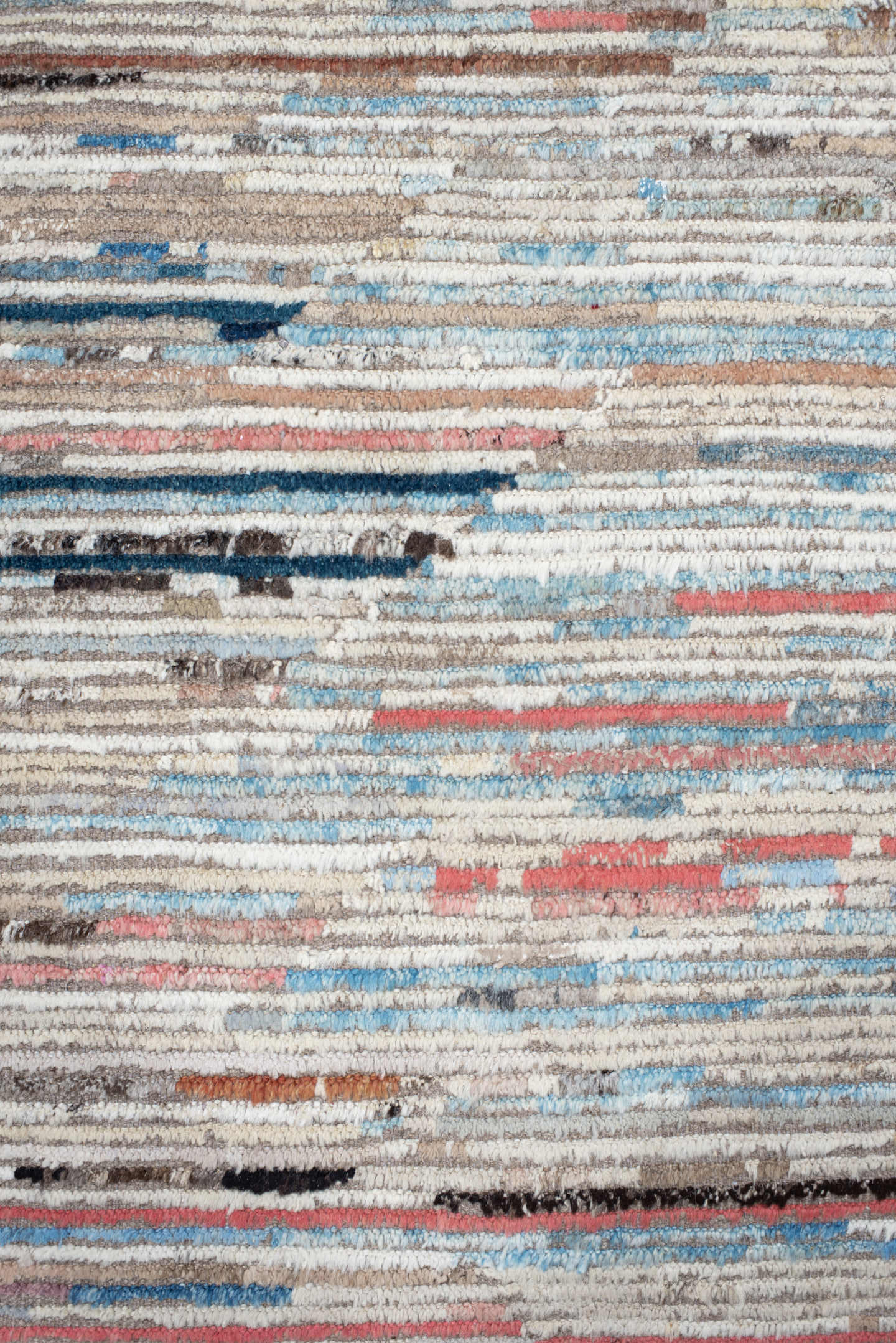 8' x 9' one-of-a-kind handmade vintage Tulu rug. Color palette: ivory, taupe, sky_blue, coral, charcoal, rust, camel, beige