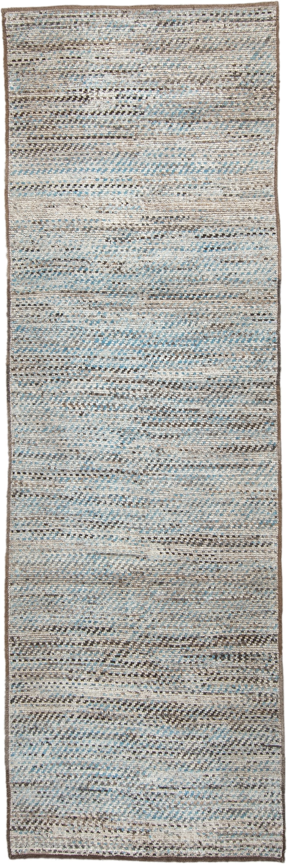 3' x 9' one-of-a-kind handmade vintage Tulu runner rug. Color palette: ivory, taupe, brown, pale_blue, charcoal, beige, gray