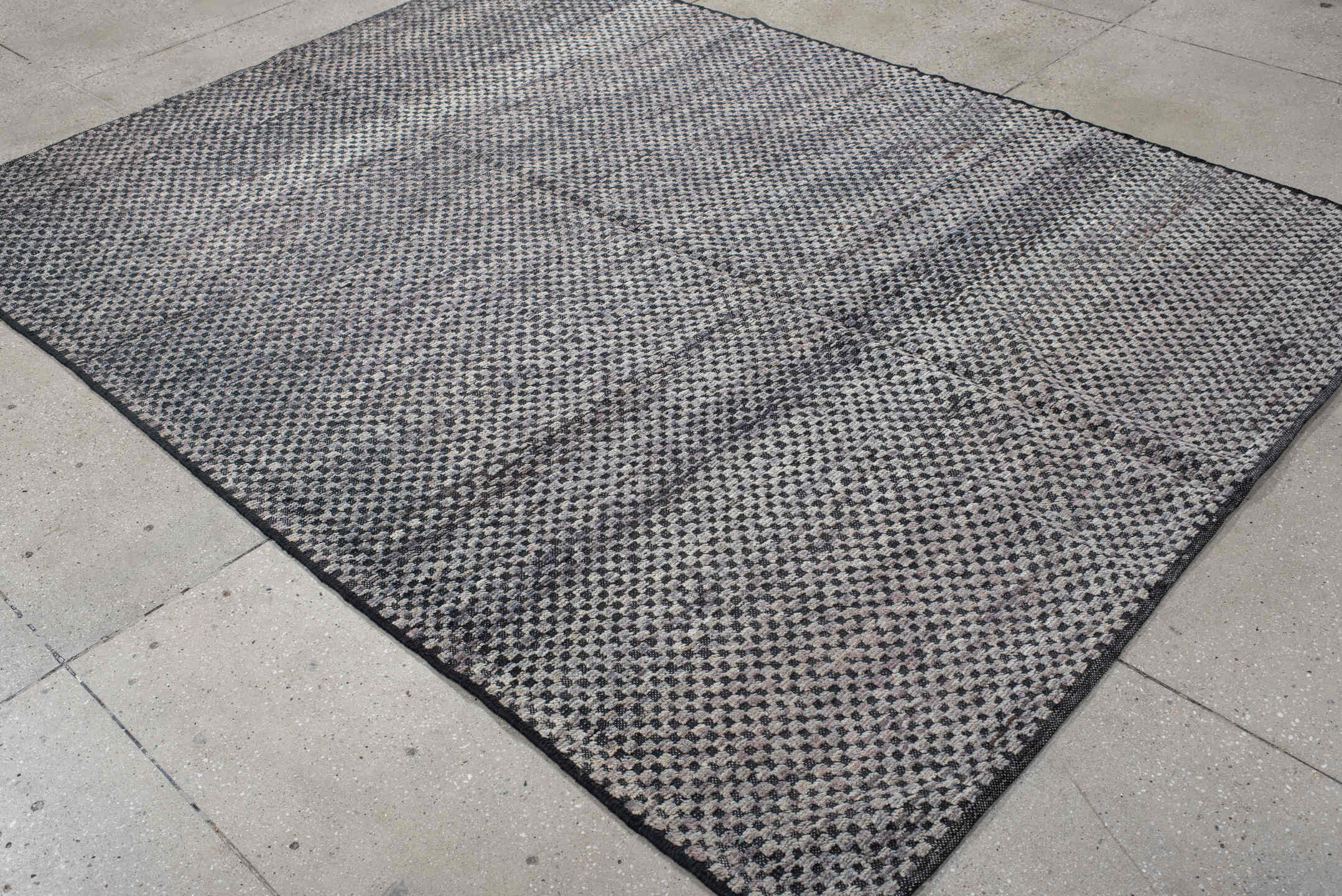 6' x 8' one-of-a-kind handmade vintage Tulu medium size rug. Color palette: gray, off-white, light gray, pink, black, blue