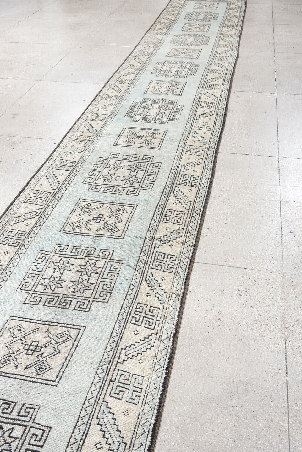 3' x 25' one-of-a-kind handmade antique Oushak runner rug. Color palette: ivory, gray, taupe, charcoal, beige, black