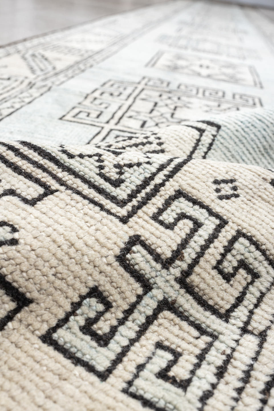 3' x 25' one-of-a-kind handmade antique Oushak runner rug. Color palette: ivory, gray, taupe, charcoal, beige, black