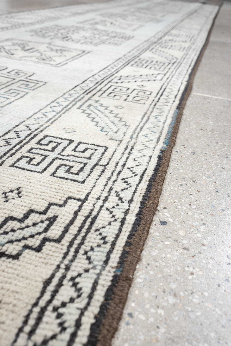 3' x 25' one-of-a-kind handmade antique Oushak runner rug. Color palette: ivory, gray, taupe, charcoal, beige, black