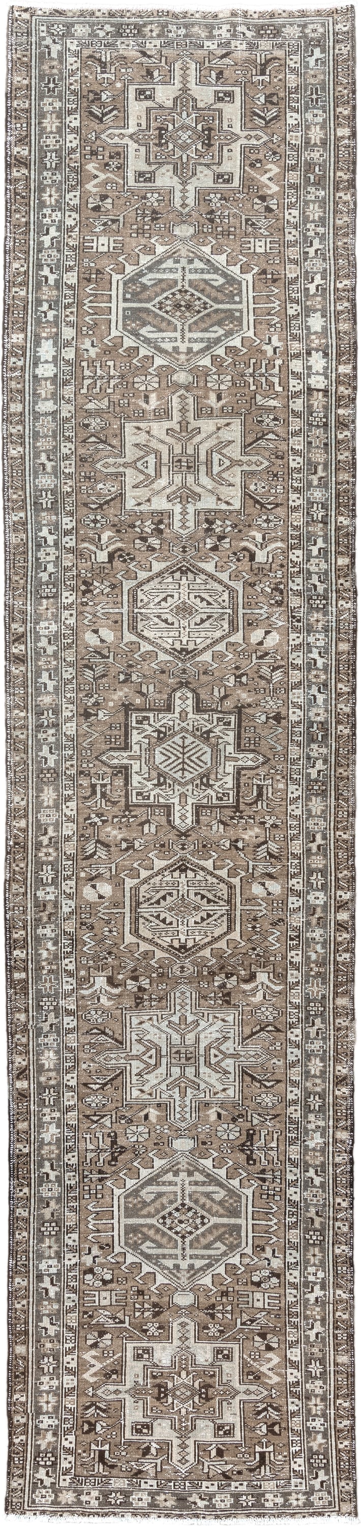 2' x 12' one-of-a-kind handmade antique Karaje runner rug. Color palette: taupe, ivory, brown, gray, charcoal, beige, black