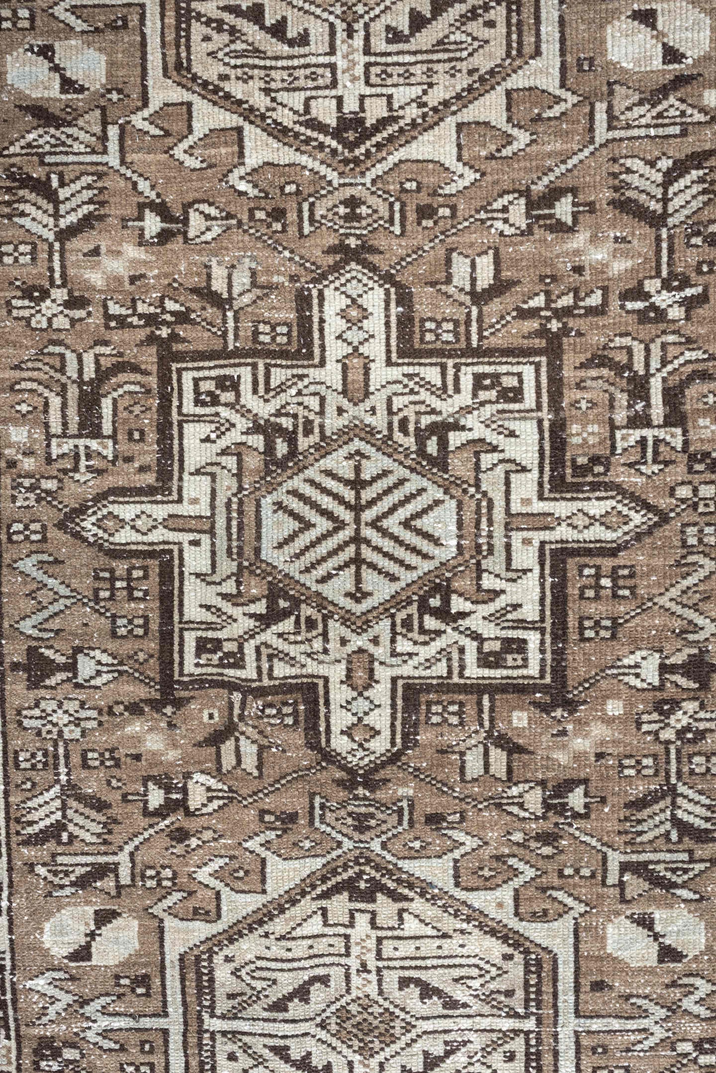 2' x 12' one-of-a-kind handmade antique Karaje runner rug. Color palette: taupe, ivory, brown, gray, charcoal, beige, black
