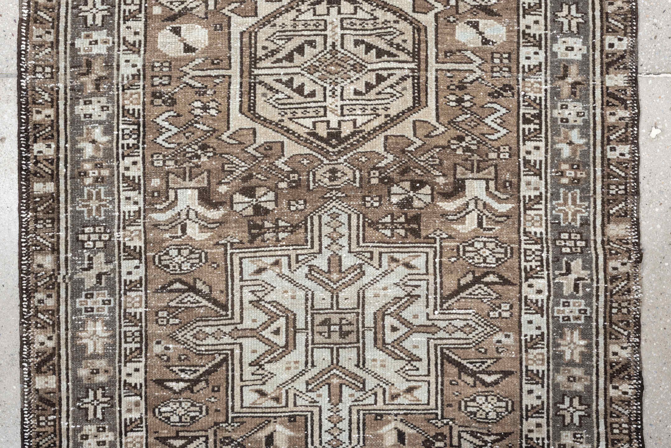 2' x 12' one-of-a-kind handmade antique Karaje runner rug. Color palette: taupe, ivory, brown, gray, charcoal, beige, black