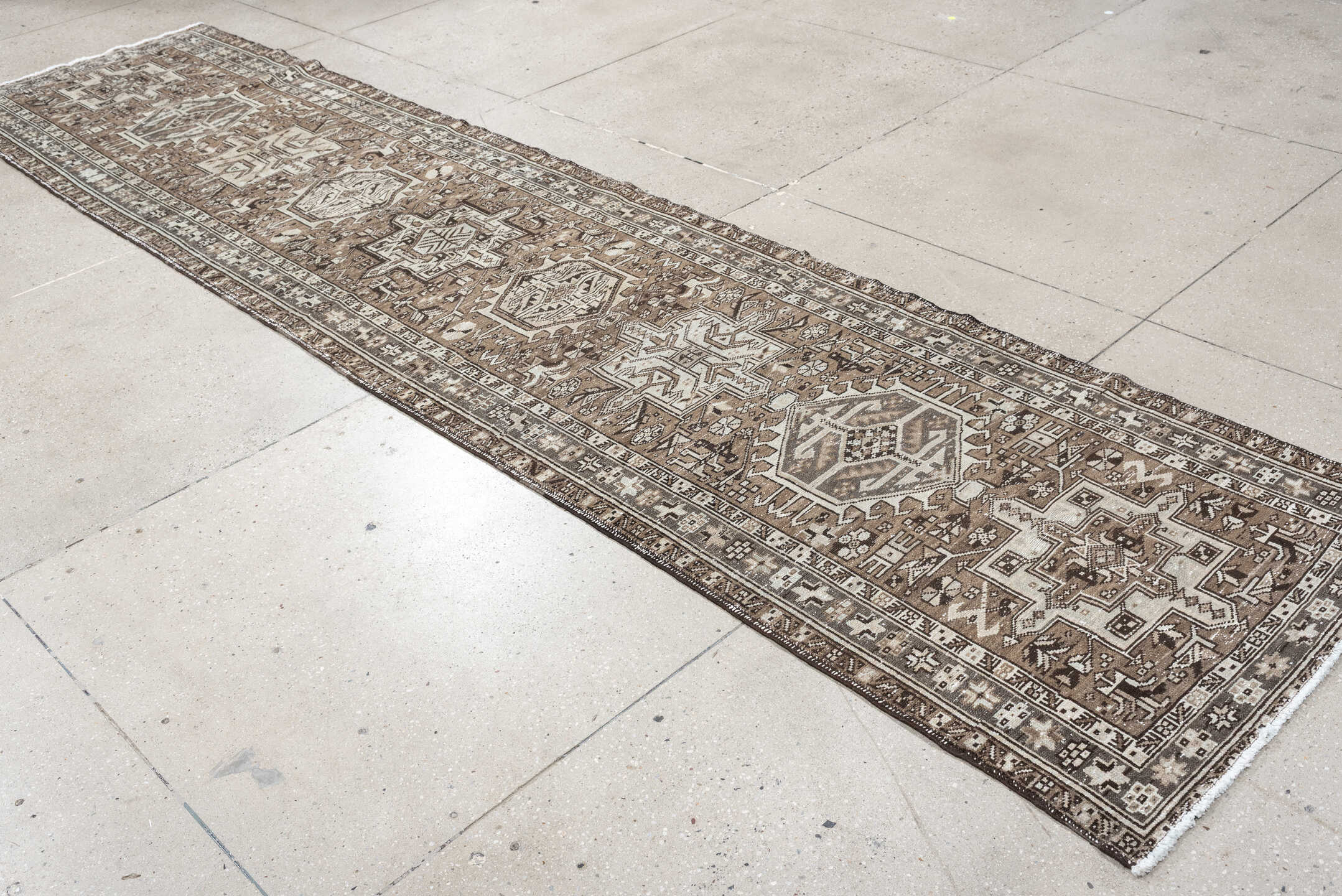 2' x 12' one-of-a-kind handmade antique Karaje runner rug. Color palette: taupe, ivory, brown, gray, charcoal, beige, black