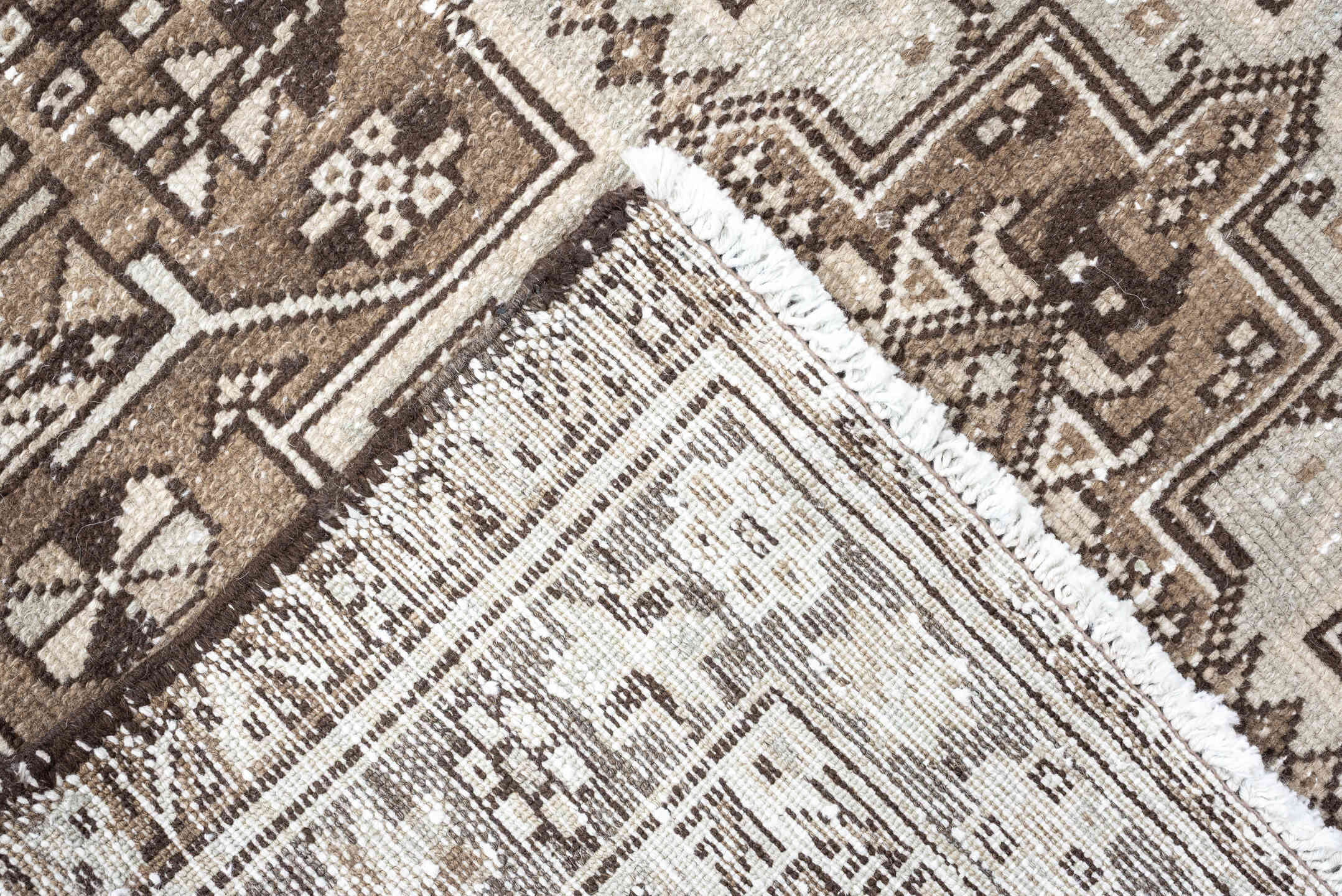 2' x 12' one-of-a-kind handmade antique Karaje runner rug. Color palette: taupe, ivory, brown, gray, charcoal, beige, black