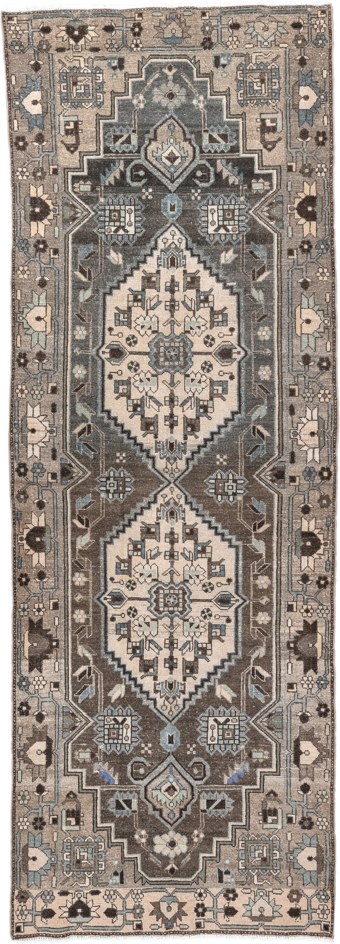 3' x 9' one-of-a-kind handmade antique Hamadan runner rug. Color palette: taupe, charcoal, ivory, slate, pale_blue, brown