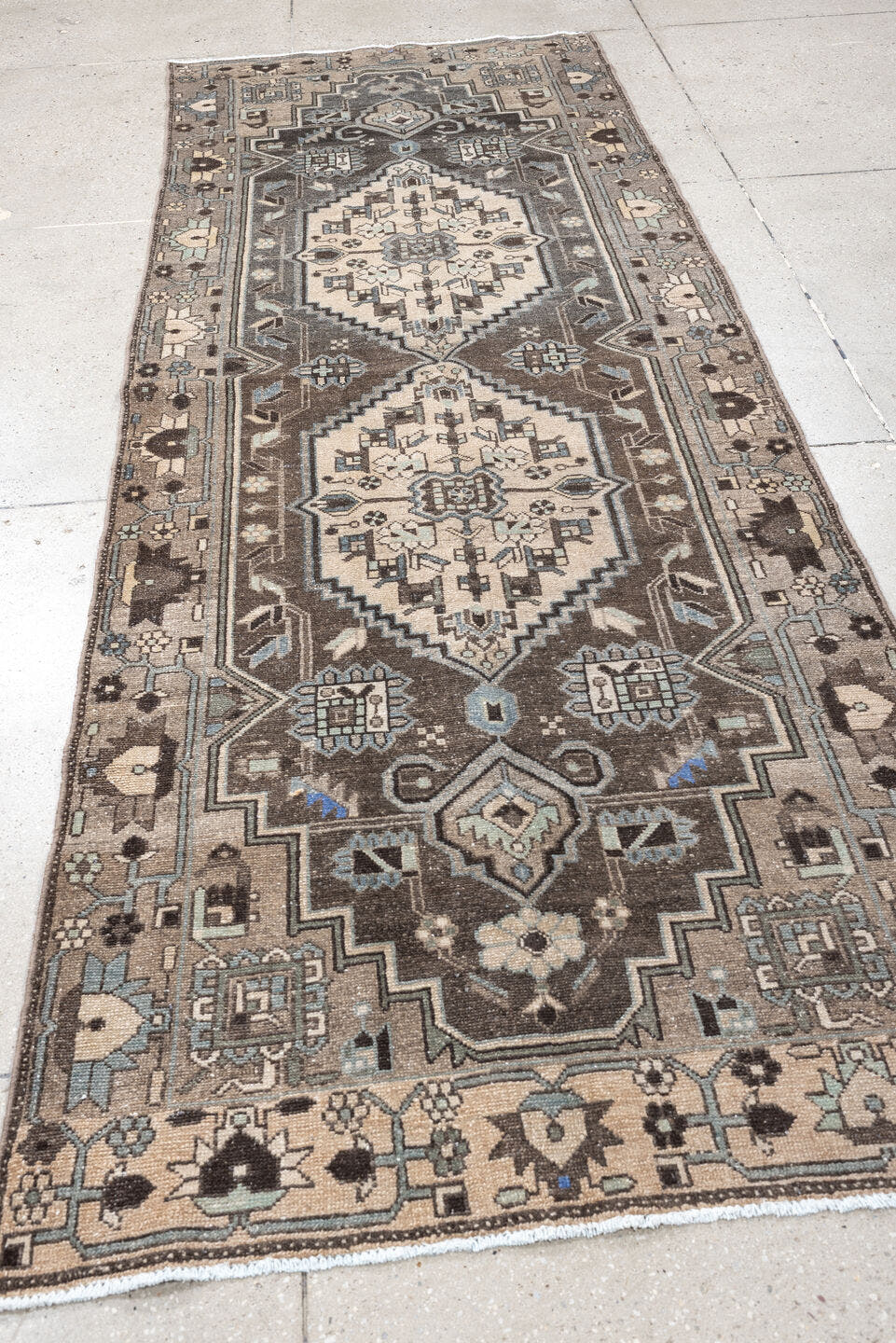 3' x 9' one-of-a-kind handmade antique Hamadan runner rug. Color palette: taupe, charcoal, ivory, slate, pale_blue, brown