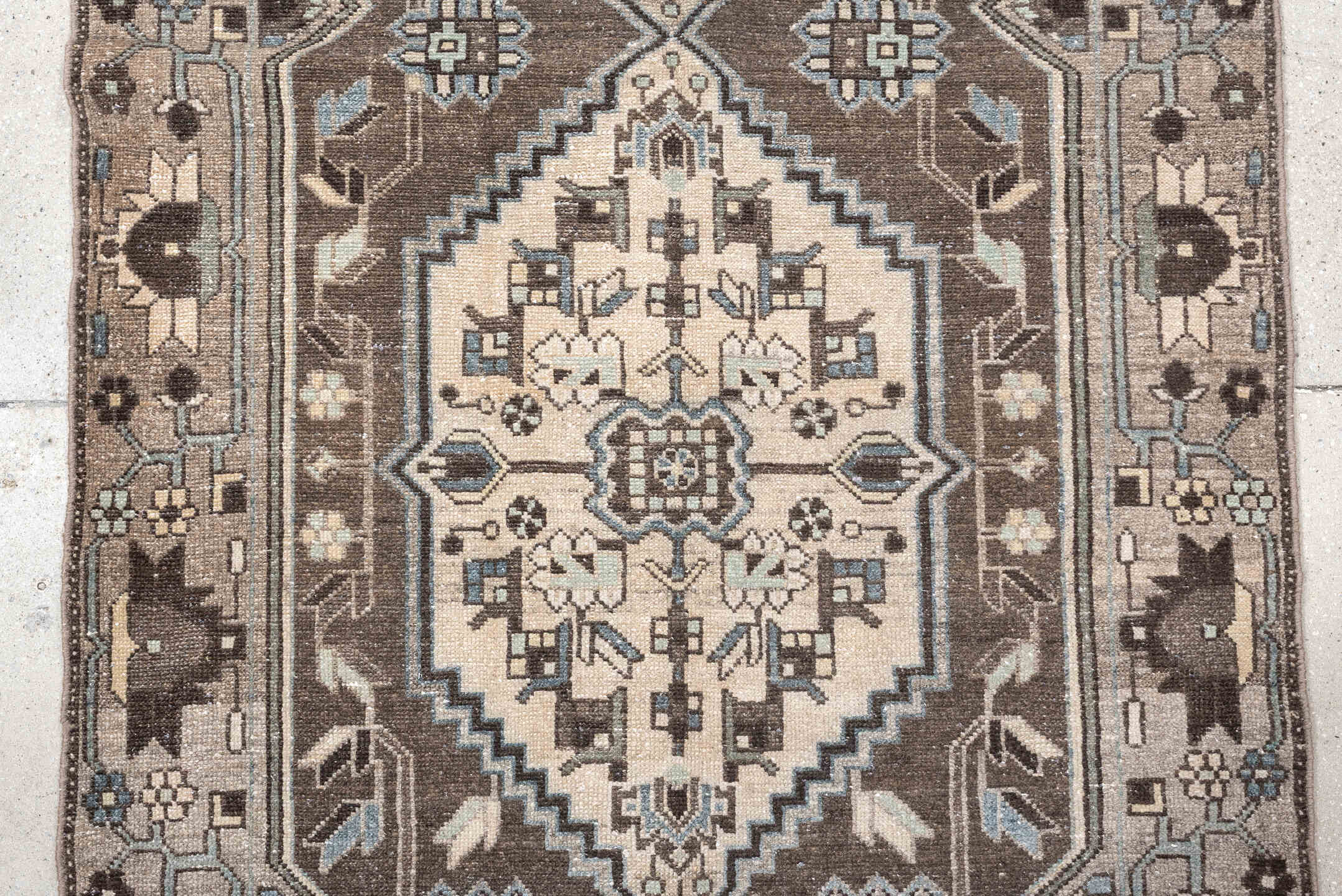 3' x 9' one-of-a-kind handmade antique Hamadan runner rug. Color palette: taupe, charcoal, ivory, slate, pale_blue, brown