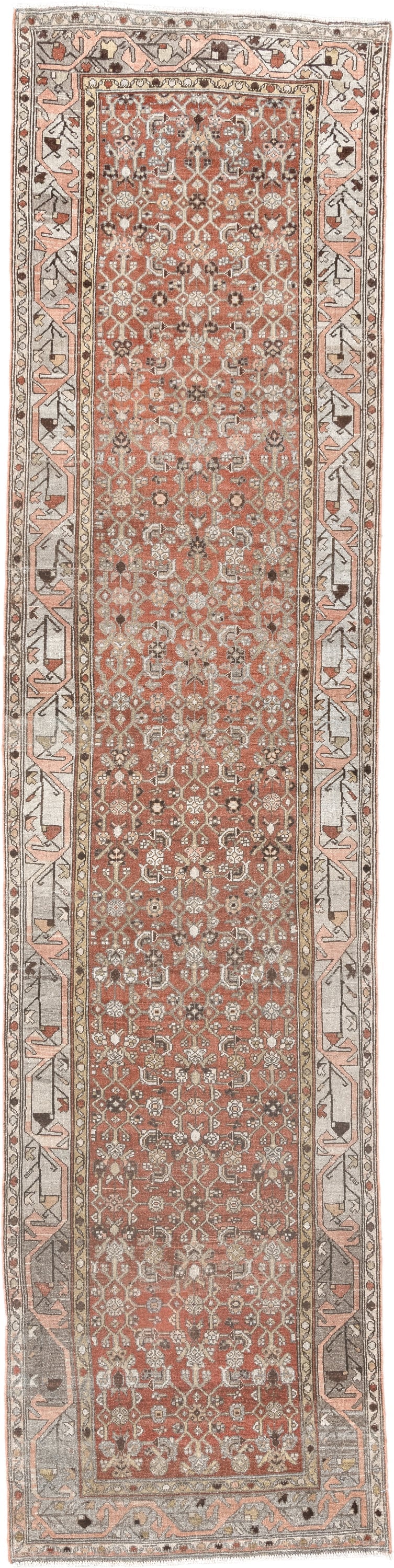 2' x 12' one-of-a-kind handmade antique Malayer runner rug. Color palette: rust, ivory, taupe, brown, charcoal, rose, camel