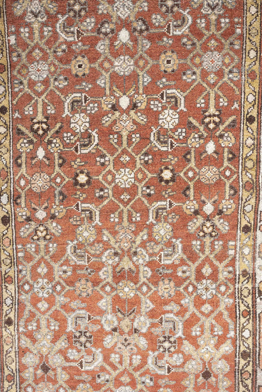 2' x 12' one-of-a-kind handmade antique Malayer runner rug. Color palette: rust, ivory, taupe, brown, charcoal, rose, camel