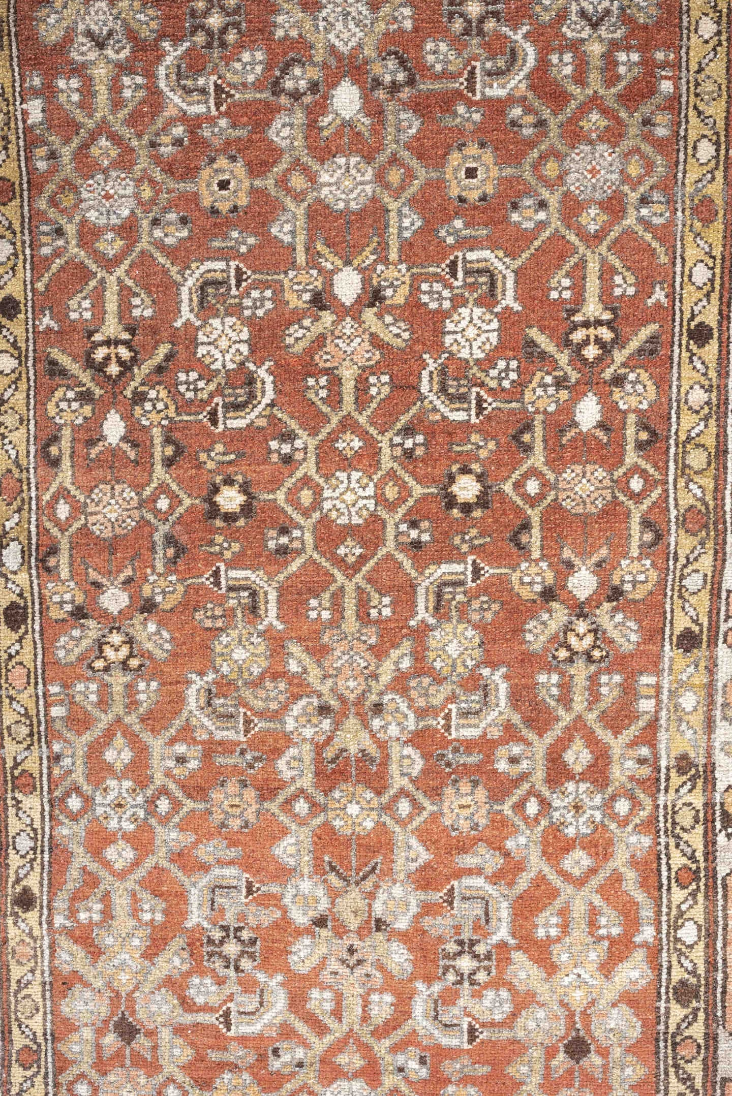 2' x 12' one-of-a-kind handmade antique Malayer runner rug. Color palette: rust, ivory, taupe, brown, charcoal, rose, camel