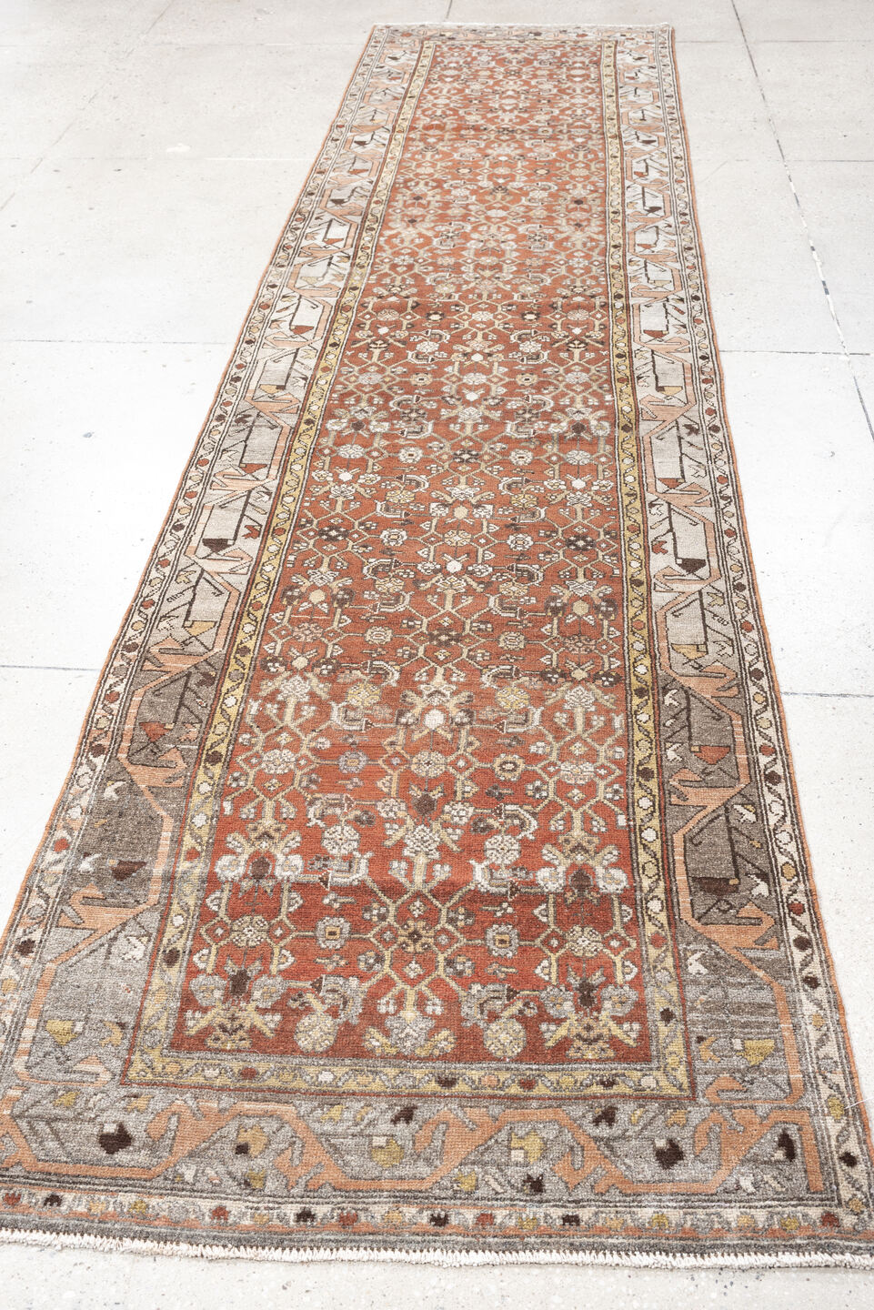 2' x 12' one-of-a-kind handmade antique Malayer runner rug. Color palette: rust, ivory, taupe, brown, charcoal, rose, camel