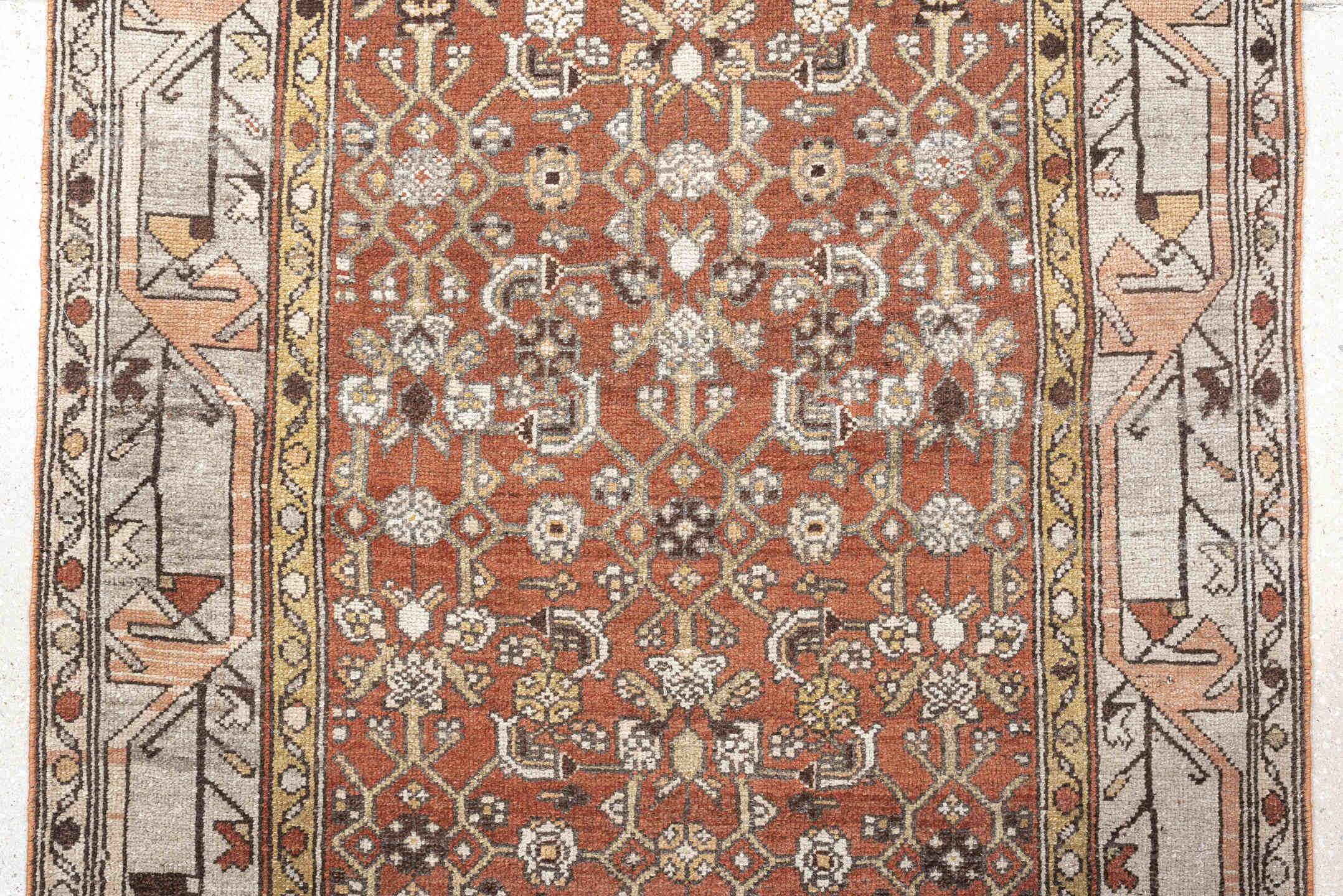 2' x 12' one-of-a-kind handmade antique Malayer runner rug. Color palette: rust, ivory, taupe, brown, charcoal, rose, camel