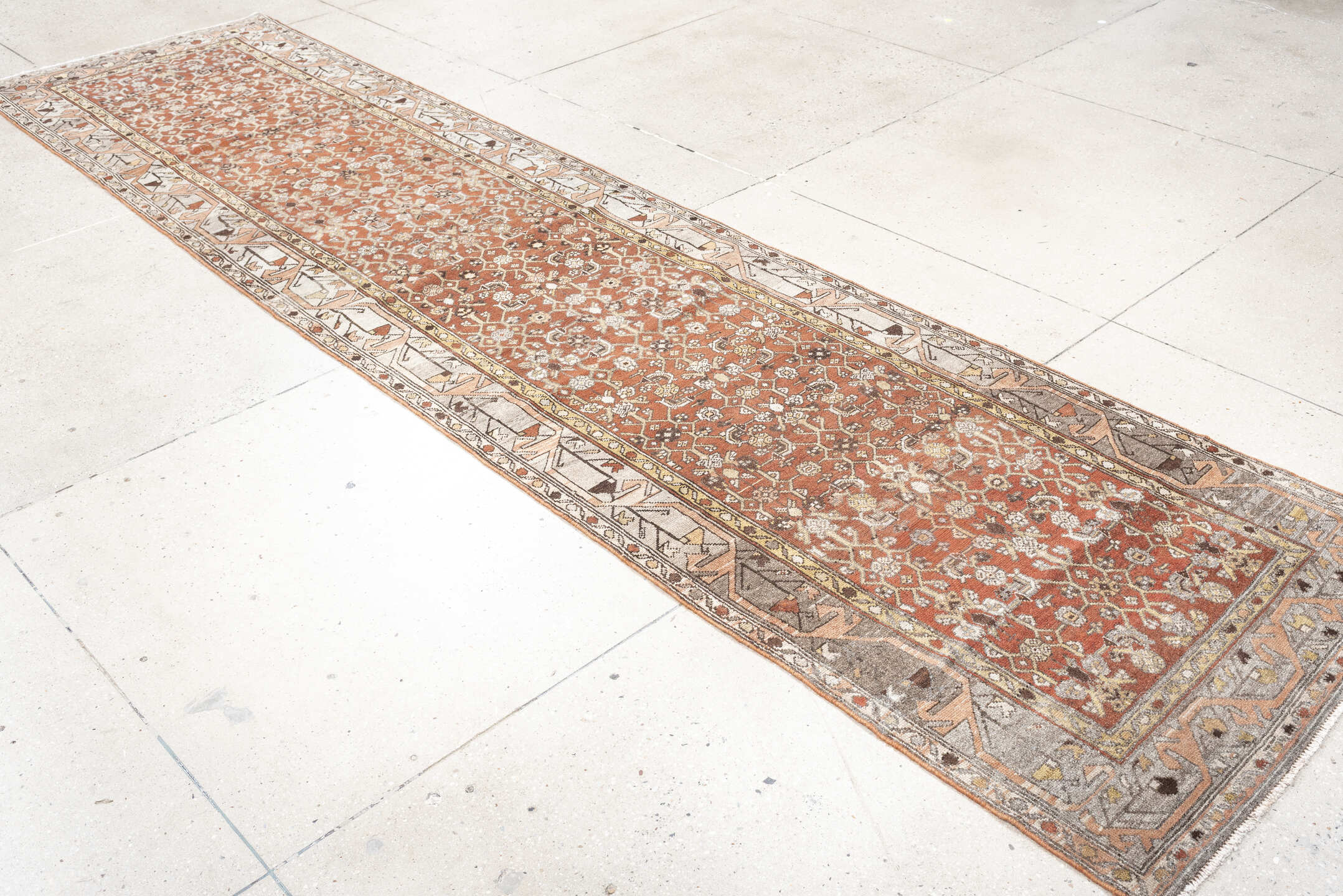 2' x 12' one-of-a-kind handmade antique Malayer runner rug. Color palette: rust, ivory, taupe, brown, charcoal, rose, camel