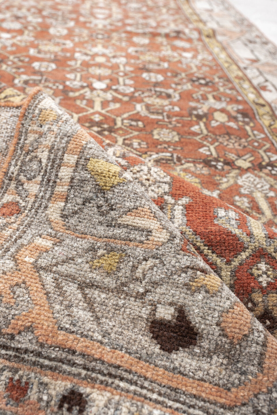 2' x 12' one-of-a-kind handmade antique Malayer runner rug. Color palette: rust, ivory, taupe, brown, charcoal, rose, camel