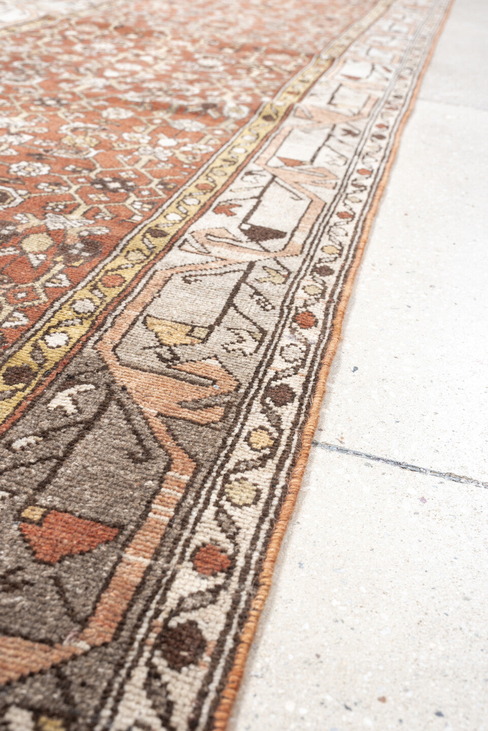 2' x 12' one-of-a-kind handmade antique Malayer runner rug. Color palette: rust, ivory, taupe, brown, charcoal, rose, camel