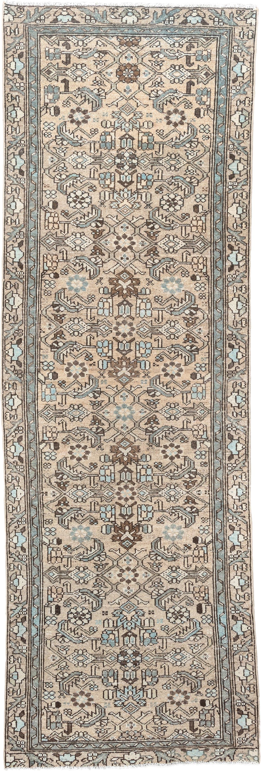 3' x 9' one-of-a-kind handmade vintage Hamadan runner rug. Color palette: ivory, taupe, light blue, brown, camel, charcoal