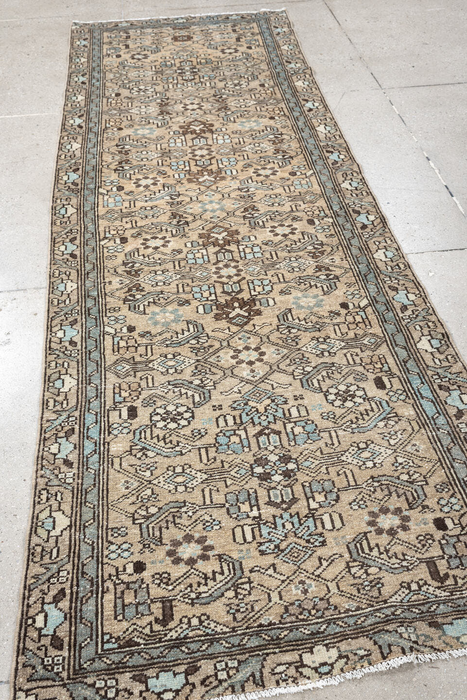 3' x 9' one-of-a-kind handmade vintage Hamadan runner rug. Color palette: ivory, taupe, light blue, brown, camel, charcoal