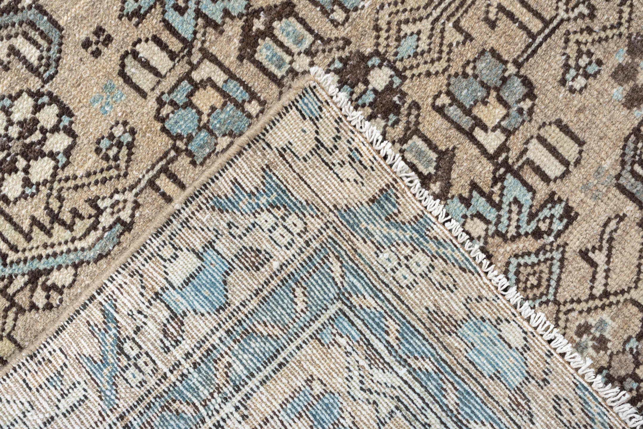 3' x 9' one-of-a-kind handmade vintage Hamadan runner rug. Color palette: ivory, taupe, light blue, brown, camel, charcoal