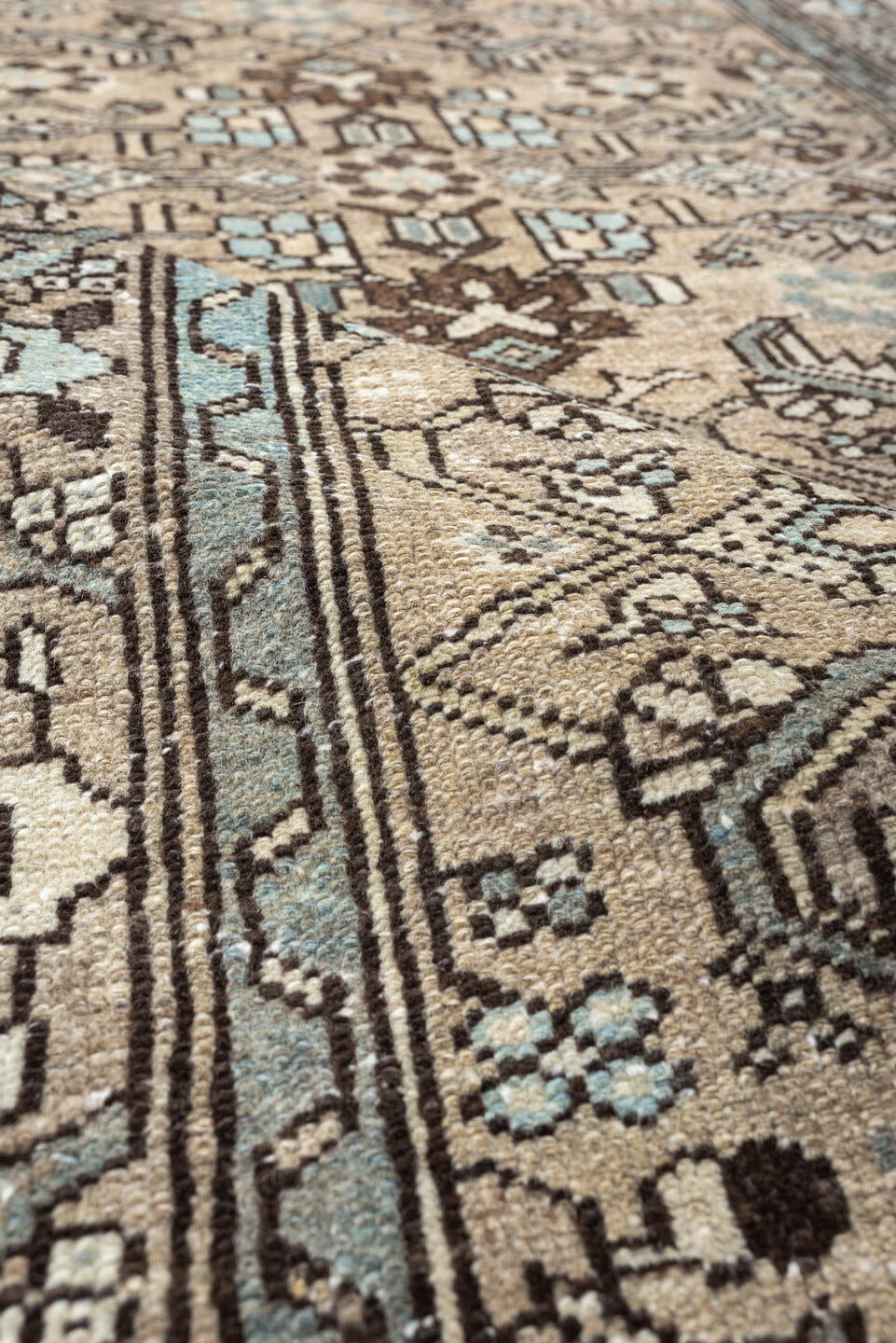 3' x 9' one-of-a-kind handmade vintage Hamadan runner rug. Color palette: ivory, taupe, light blue, brown, camel, charcoal