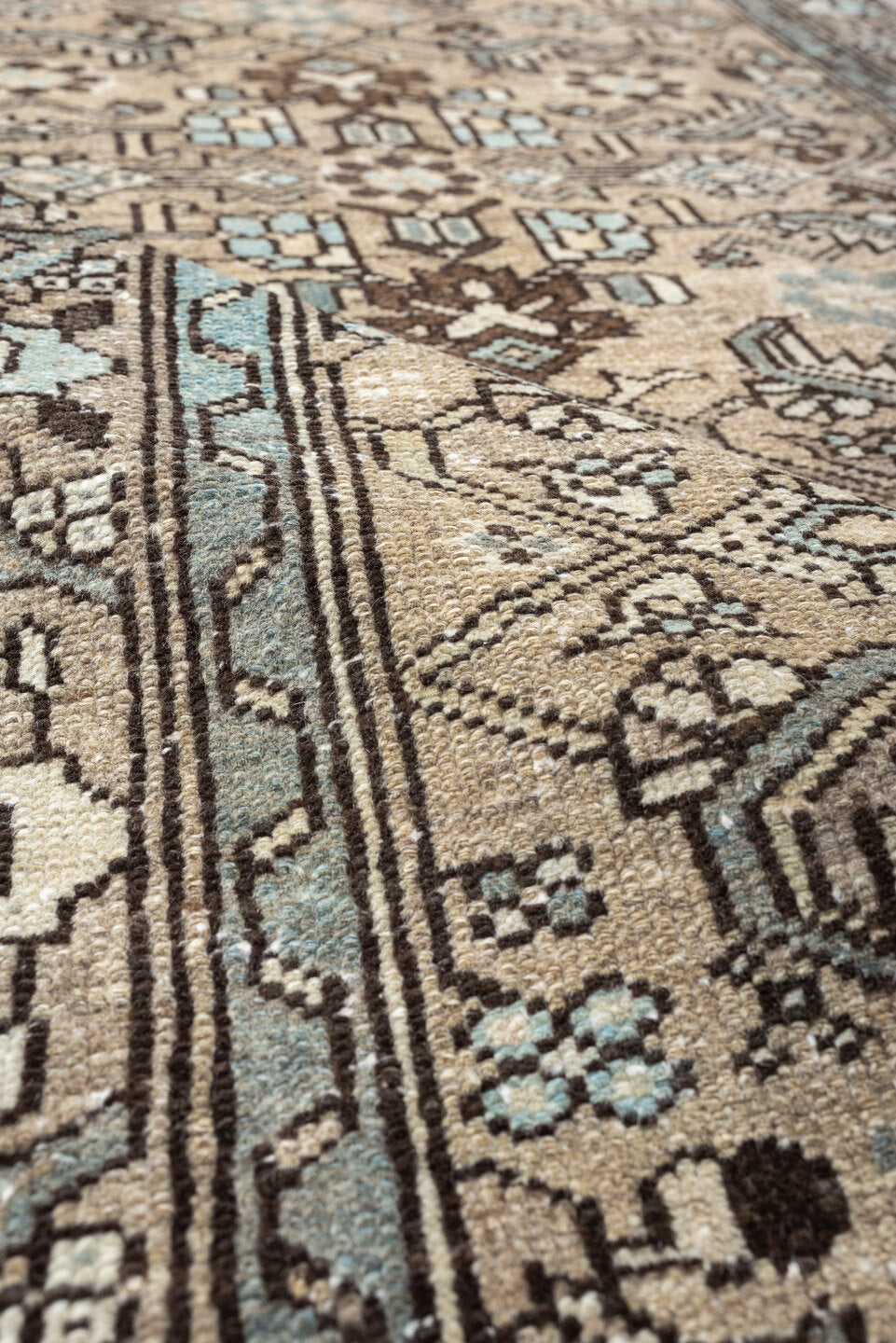 3' x 9' one-of-a-kind handmade vintage Hamadan runner rug. Color palette: ivory, taupe, light blue, brown, camel, charcoal
