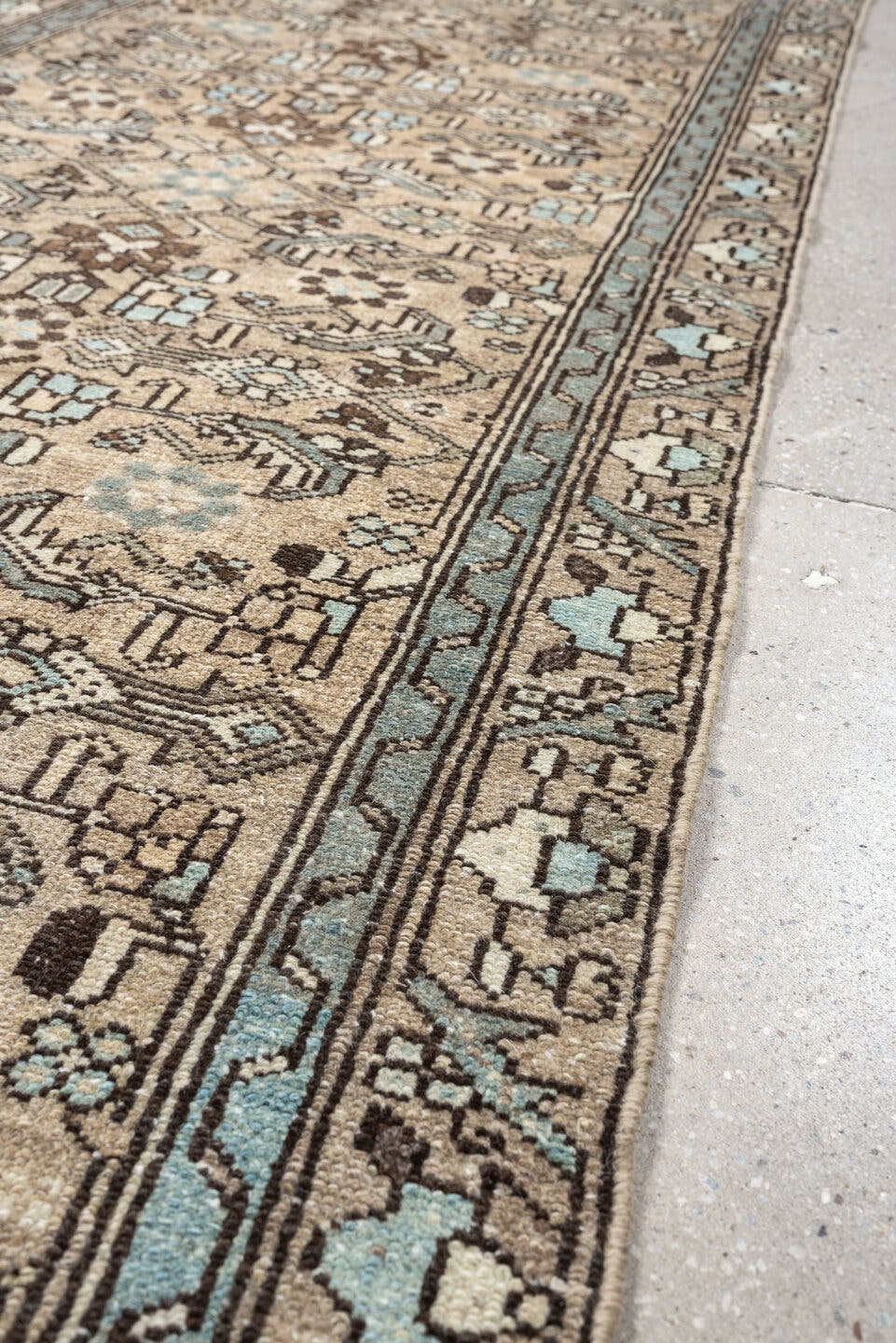 3' x 9' one-of-a-kind handmade vintage Hamadan runner rug. Color palette: ivory, taupe, light blue, brown, camel, charcoal