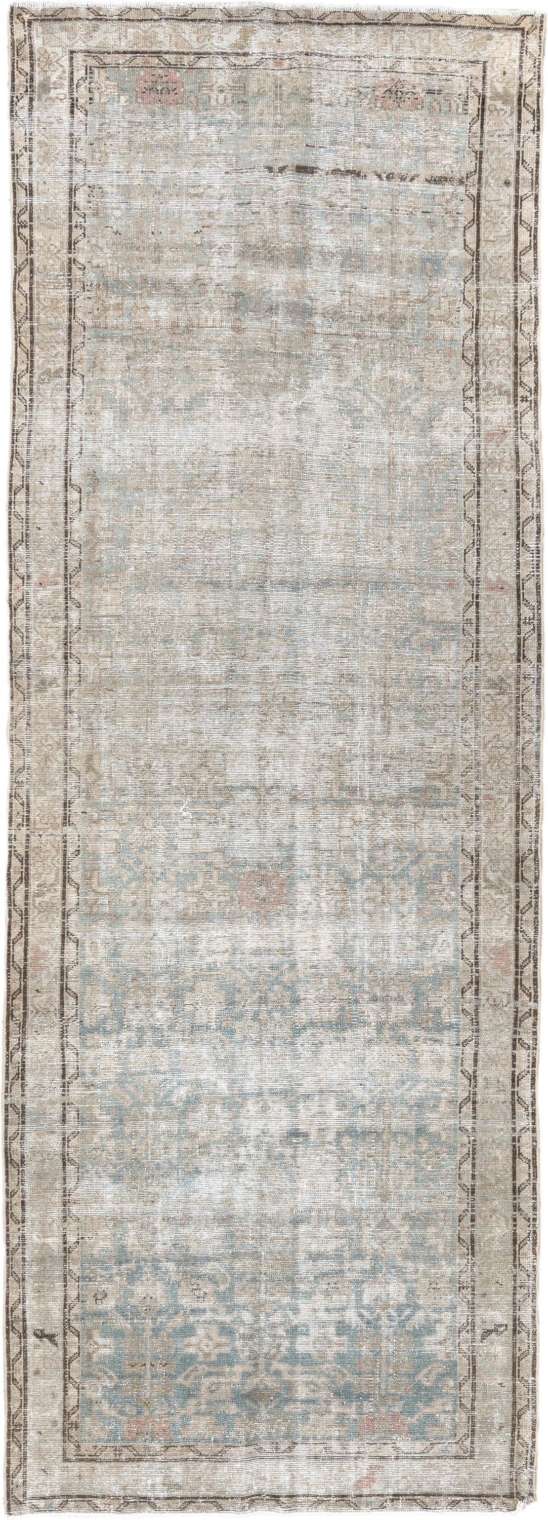 3' x 9' one-of-a-kind handmade antique Malayer runner rug. Color palette: ivory, pale blue, taupe, beige, charcoal, blush