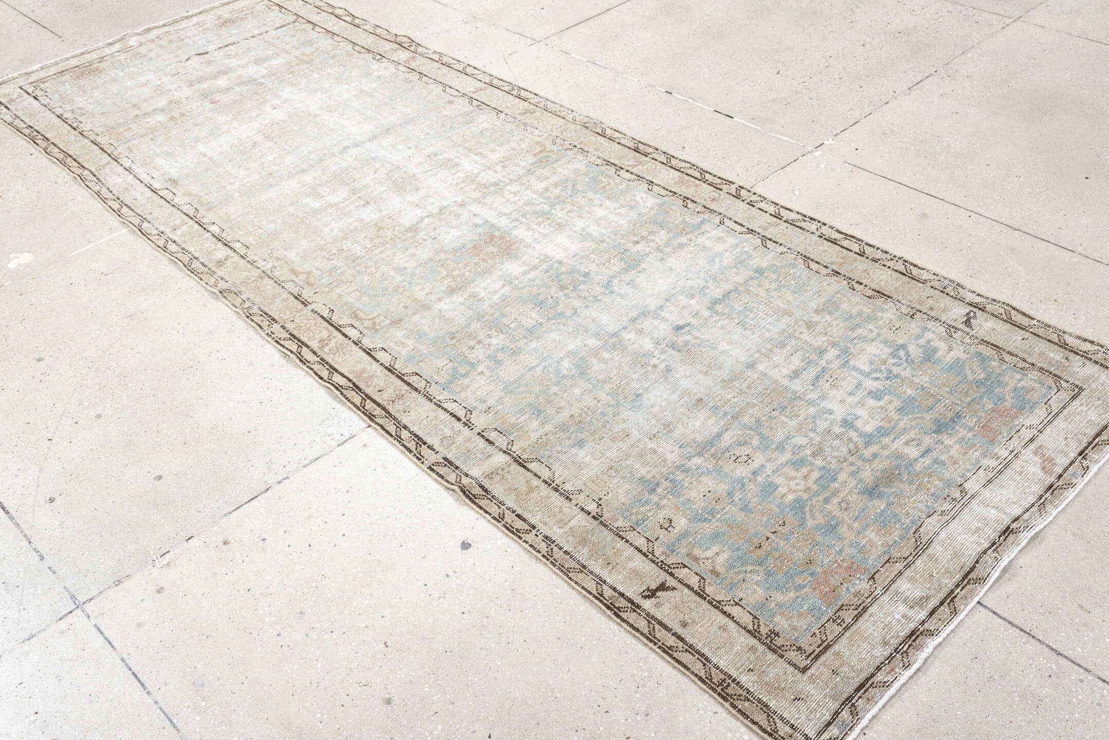 3' x 9' one-of-a-kind handmade antique Malayer runner rug. Color palette: ivory, pale blue, taupe, beige, charcoal, blush