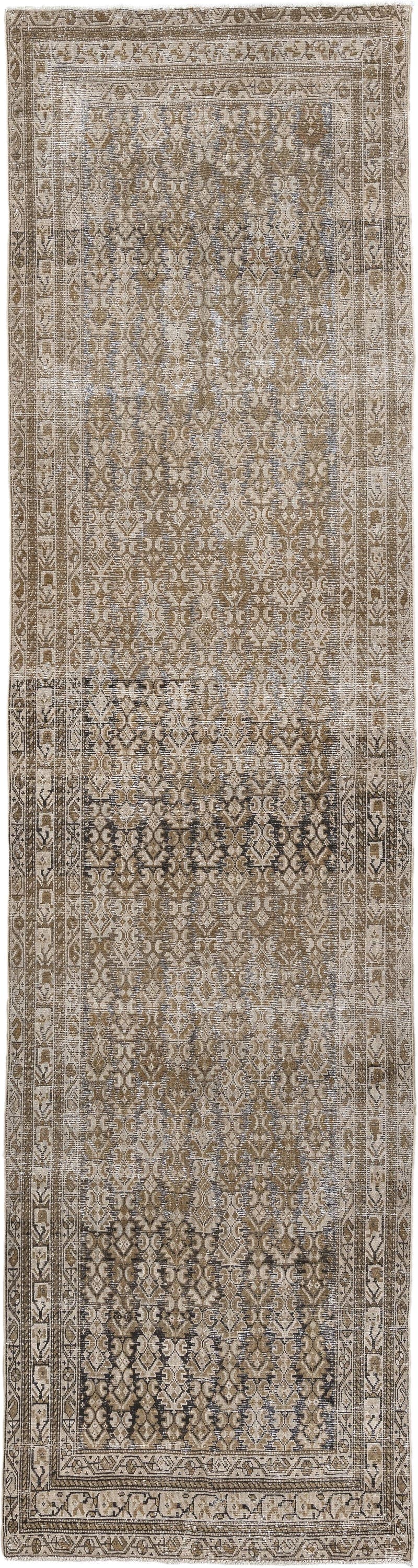 3' x 12' one-of-a-kind handmade antique Malayer runner rug. Color palette: taupe, ivory, camel, brown, slate, charcoal