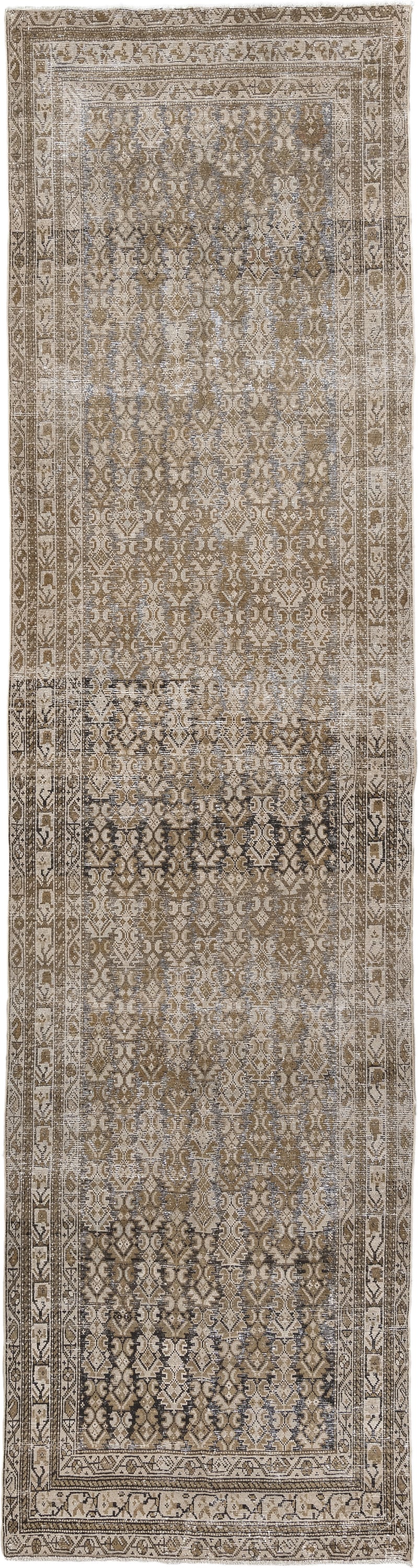 3' x 12' one-of-a-kind handmade antique Malayer runner rug. Color palette: taupe, ivory, camel, brown, slate, charcoal