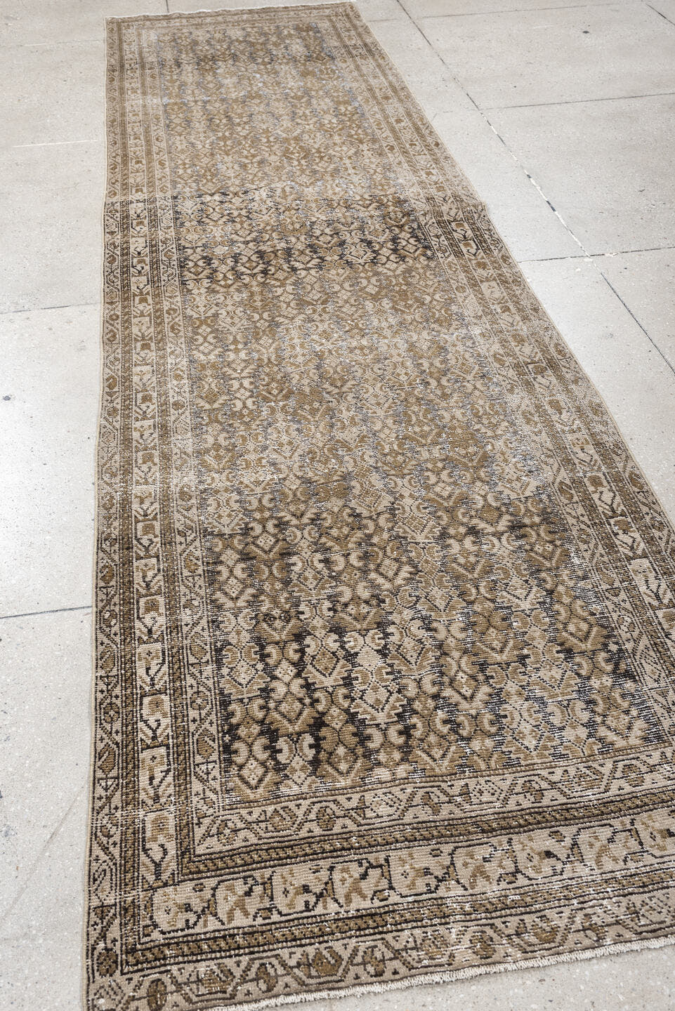 3' x 12' one-of-a-kind handmade antique Malayer runner rug. Color palette: taupe, ivory, camel, brown, slate, charcoal