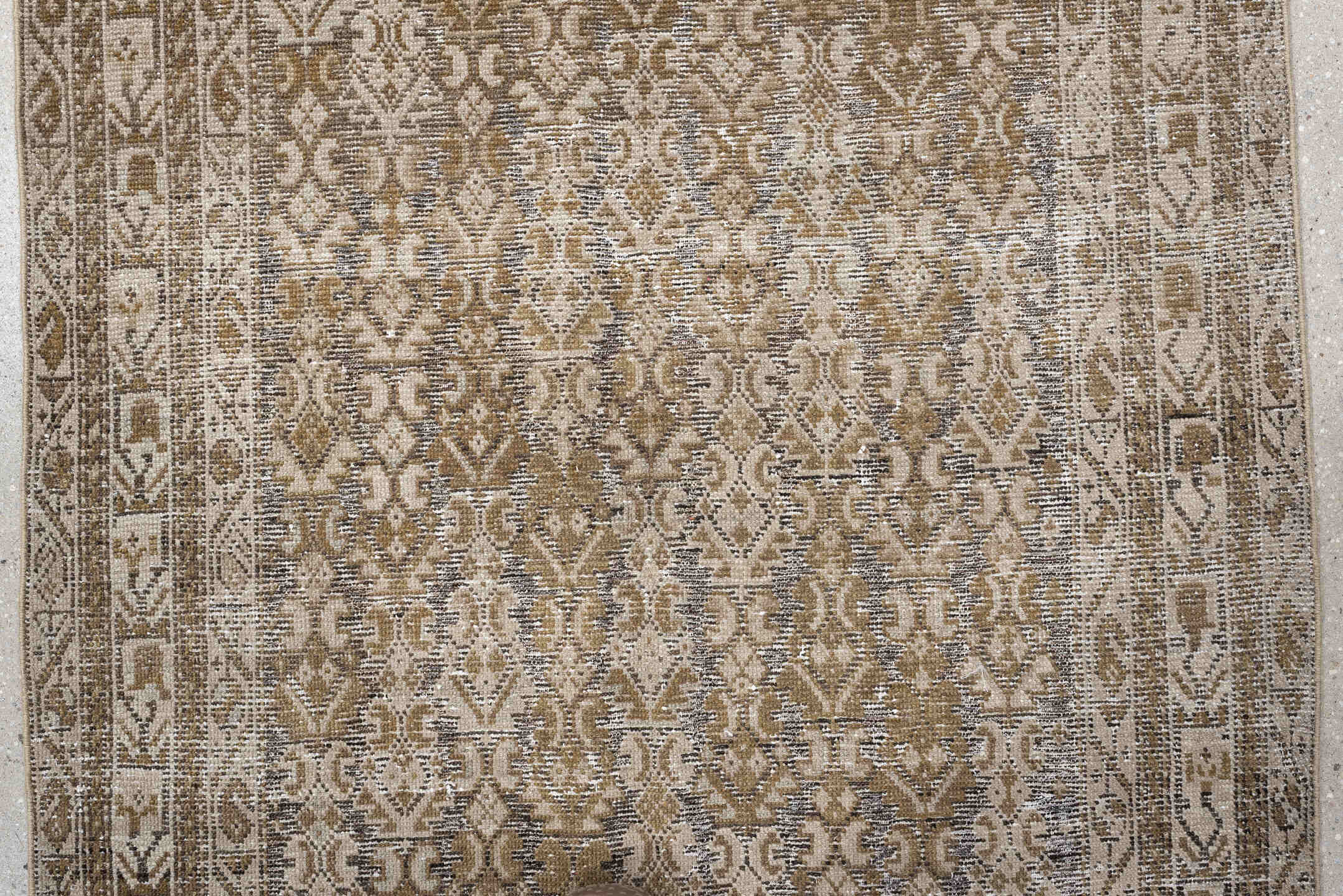 3' x 12' one-of-a-kind handmade antique Malayer runner rug. Color palette: taupe, ivory, camel, brown, slate, charcoal