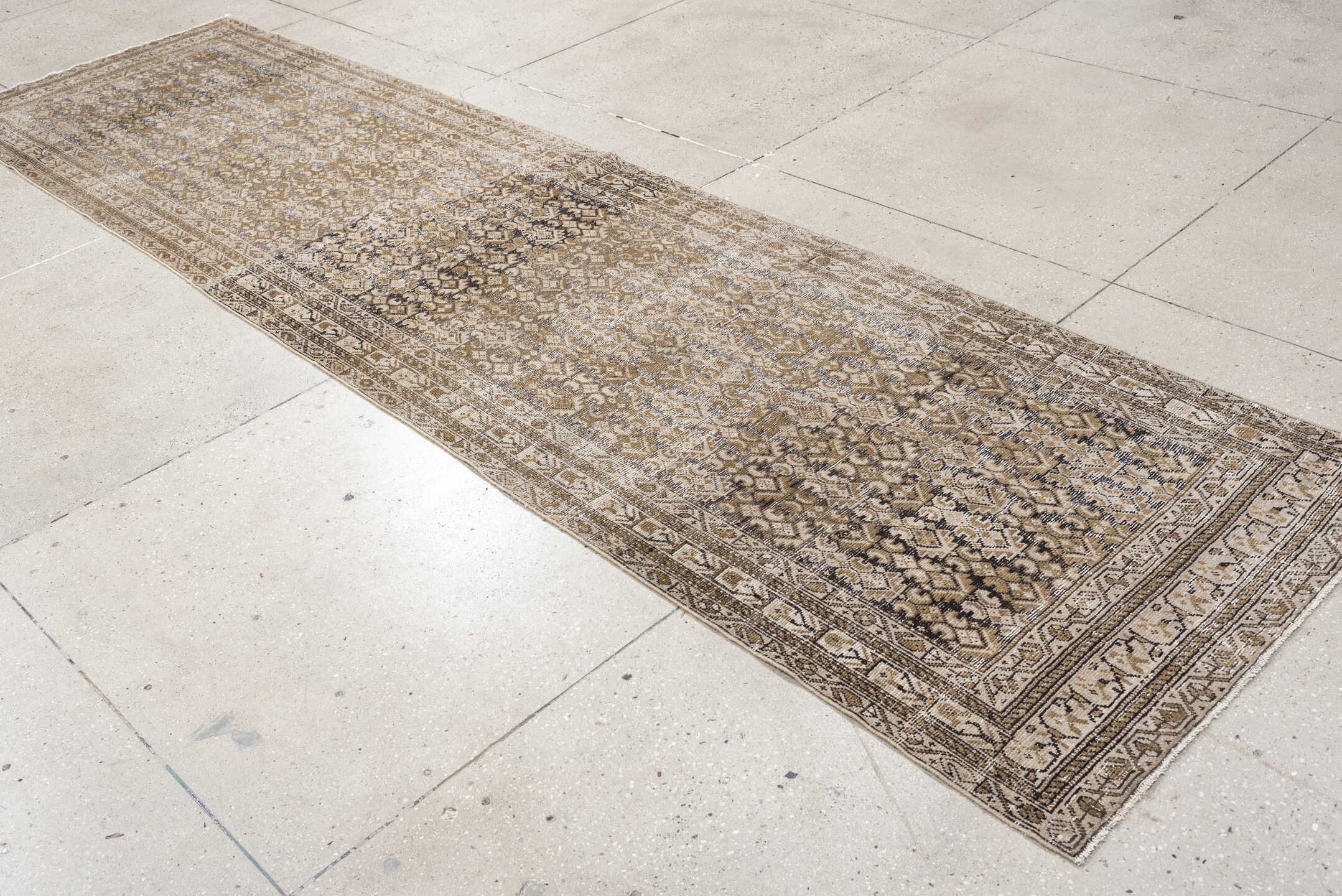 3' x 12' one-of-a-kind handmade antique Malayer runner rug. Color palette: taupe, ivory, camel, brown, slate, charcoal