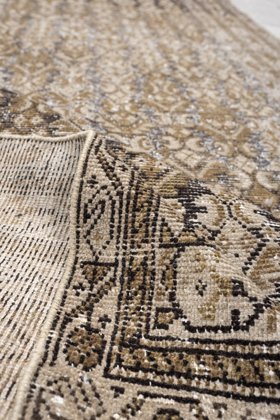 3' x 12' one-of-a-kind handmade antique Malayer runner rug. Color palette: taupe, ivory, camel, brown, slate, charcoal