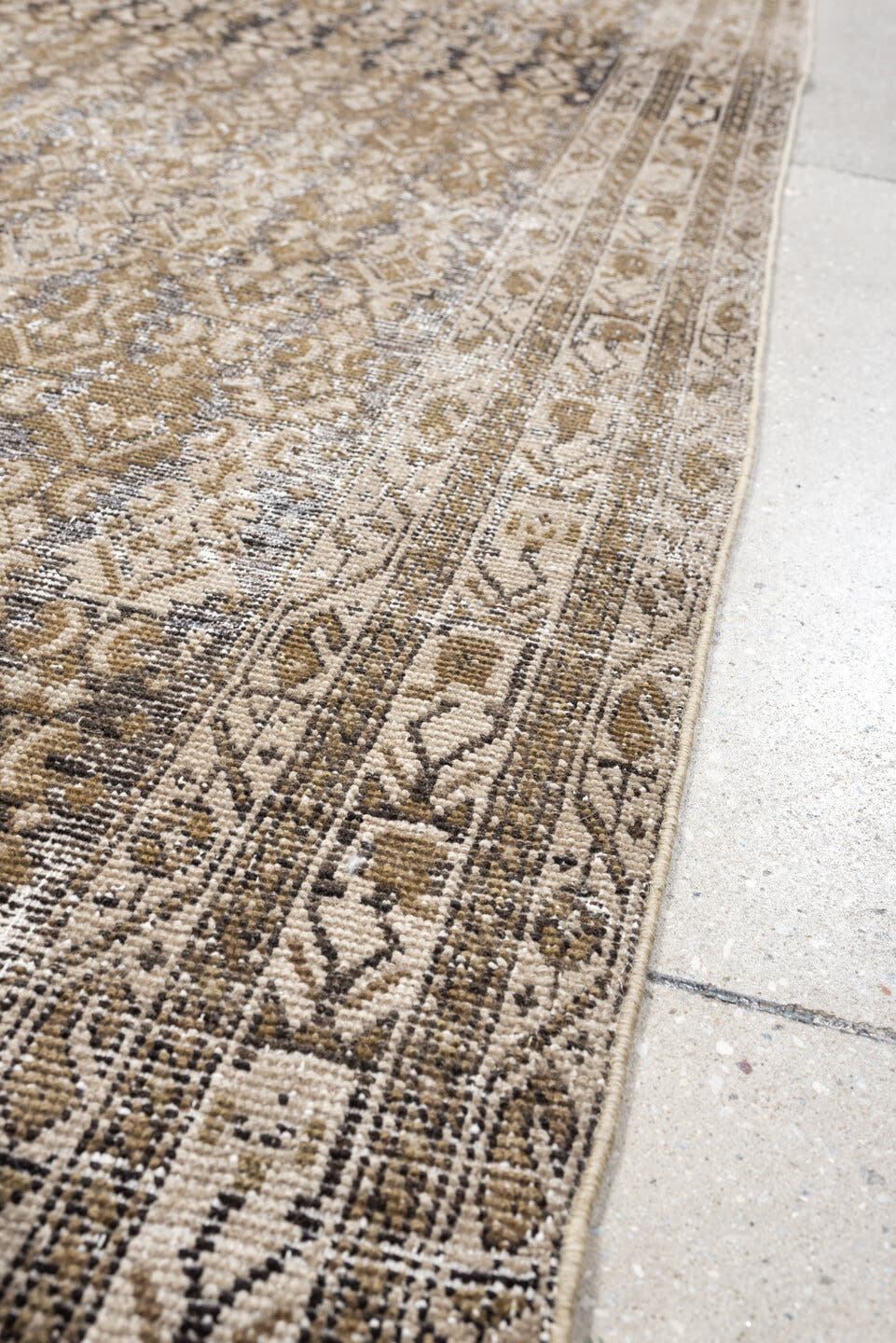 3' x 12' one-of-a-kind handmade antique Malayer runner rug. Color palette: taupe, ivory, camel, brown, slate, charcoal