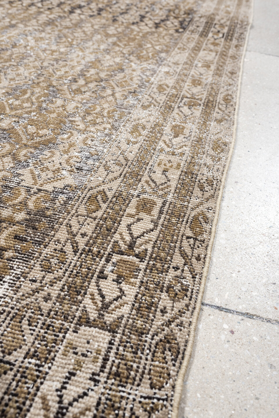 3' x 12' one-of-a-kind handmade antique Malayer runner rug. Color palette: taupe, ivory, camel, brown, slate, charcoal
