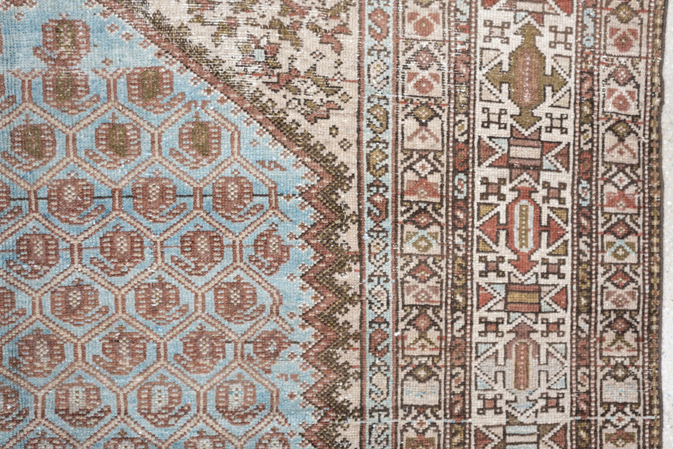 4' x 9' one-of-a-kind handmade antique Malayer runner rug. Color palette: ivory, sky blue, taupe, rust, brown, camel