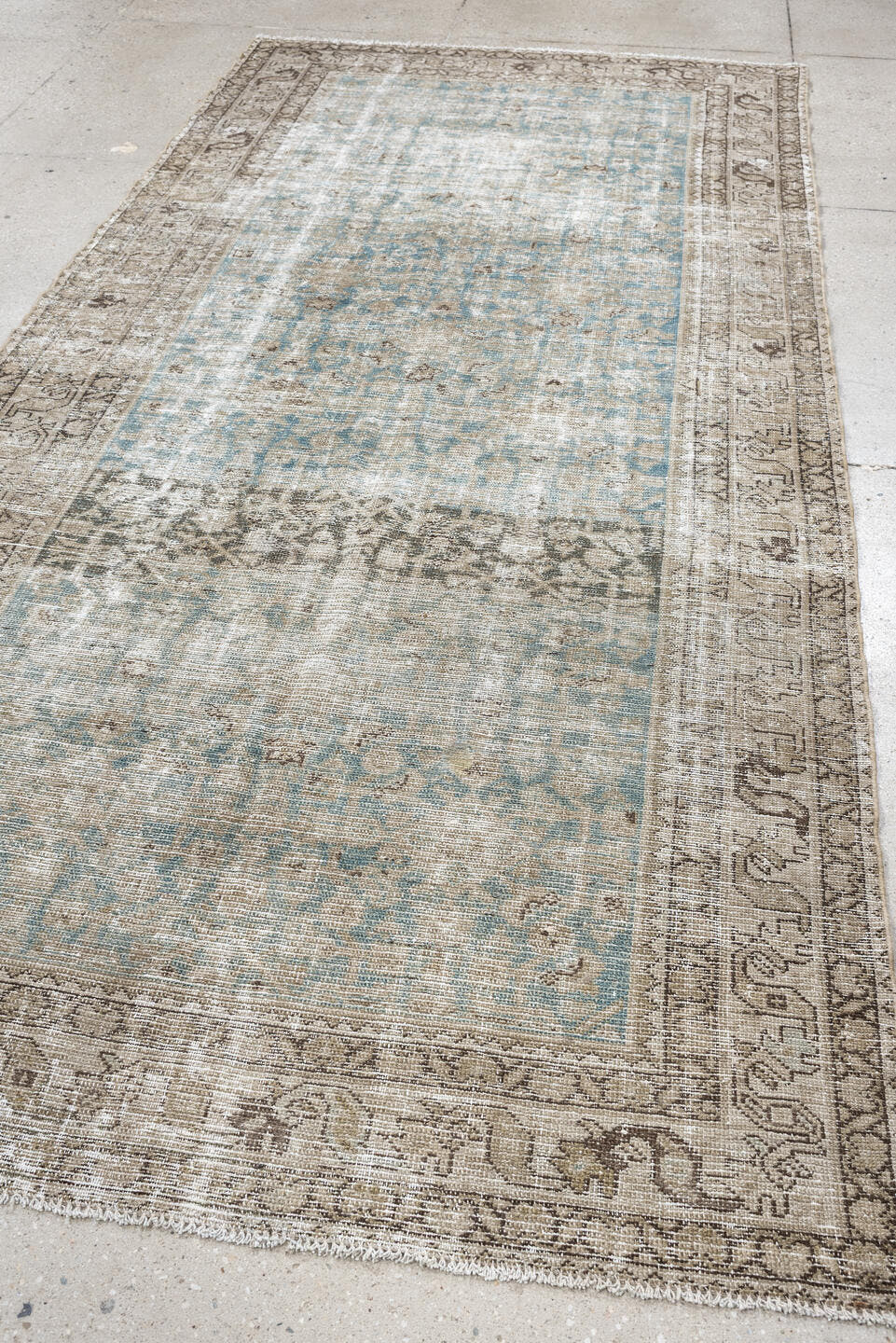 4' x 10' one-of-a-kind handmade antique Malayer runner rug. Color palette: ivory, aqua, taupe, beige, brown, gray, teal