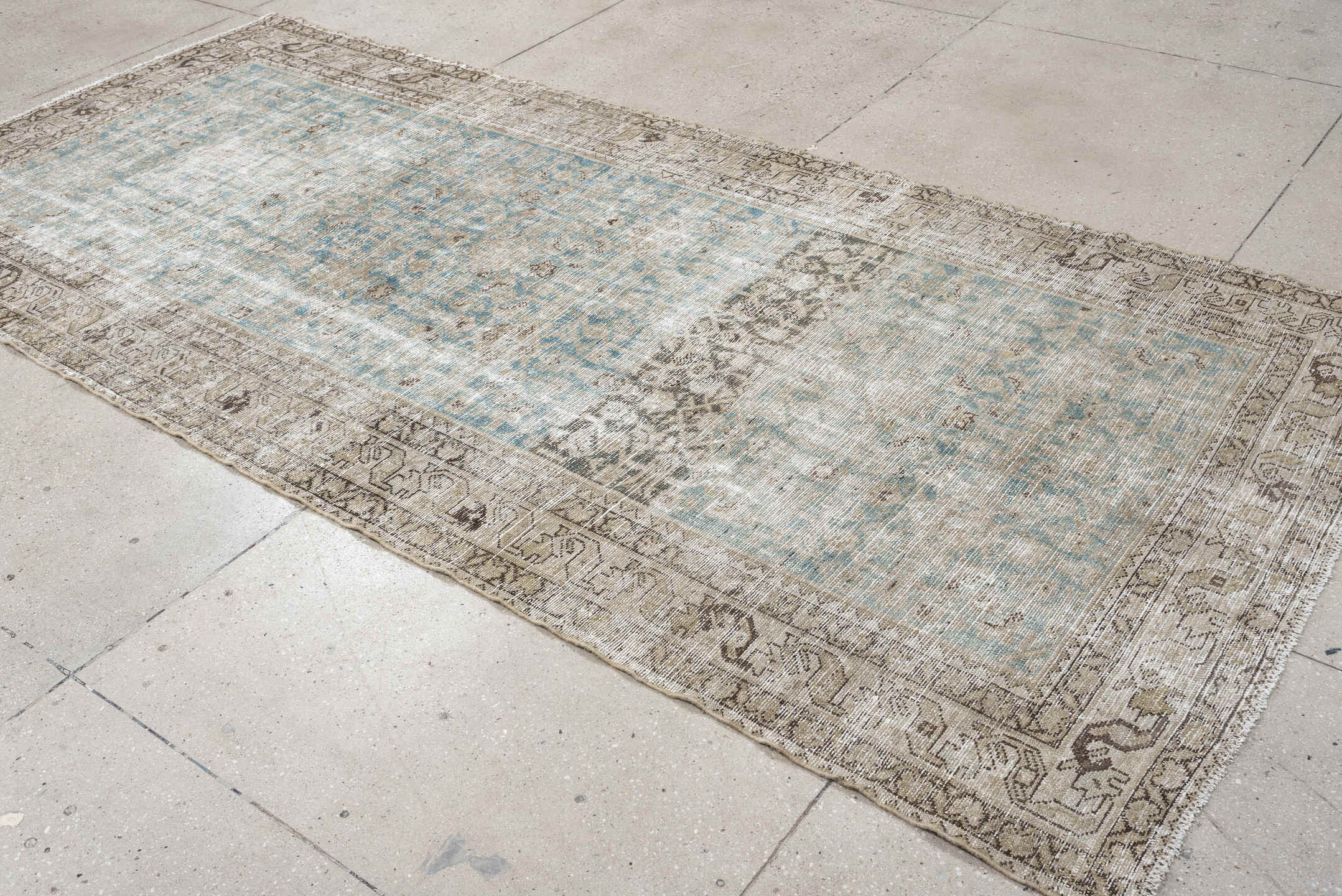 4' x 10' one-of-a-kind handmade antique Malayer runner rug. Color palette: ivory, aqua, taupe, beige, brown, gray, teal