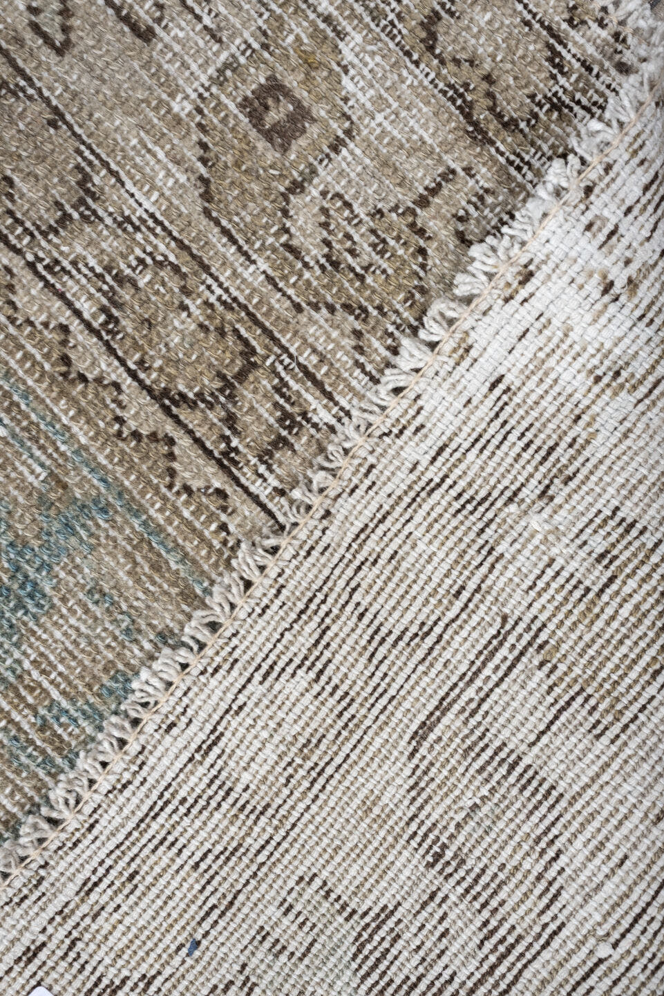 4' x 10' one-of-a-kind handmade antique Malayer runner rug. Color palette: ivory, aqua, taupe, beige, brown, gray, teal
