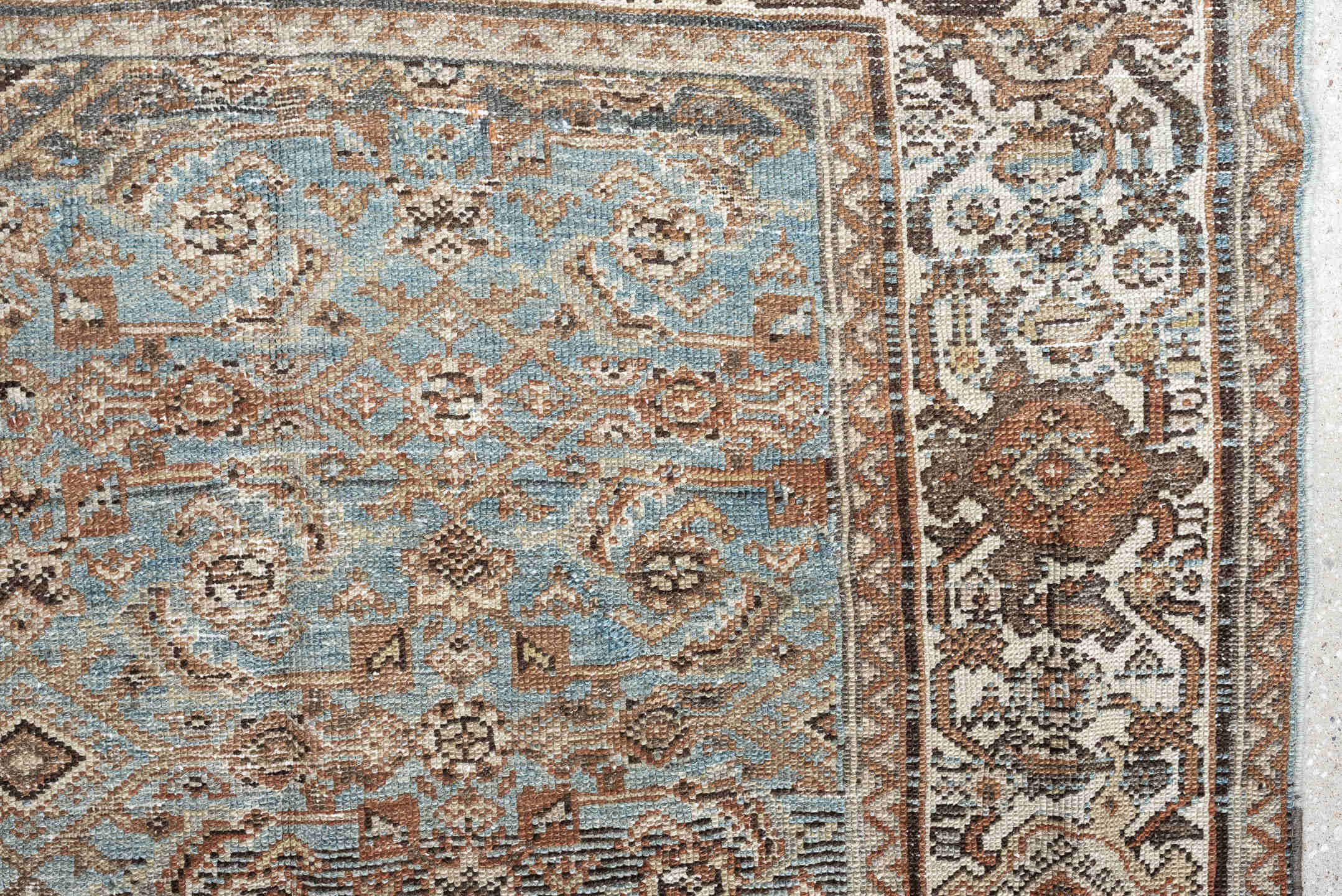 5' x 10' one-of-a-kind handmade vintage Malayer rug. Color palette: ivory, sky blue, taupe, brown, camel, slate, rust
