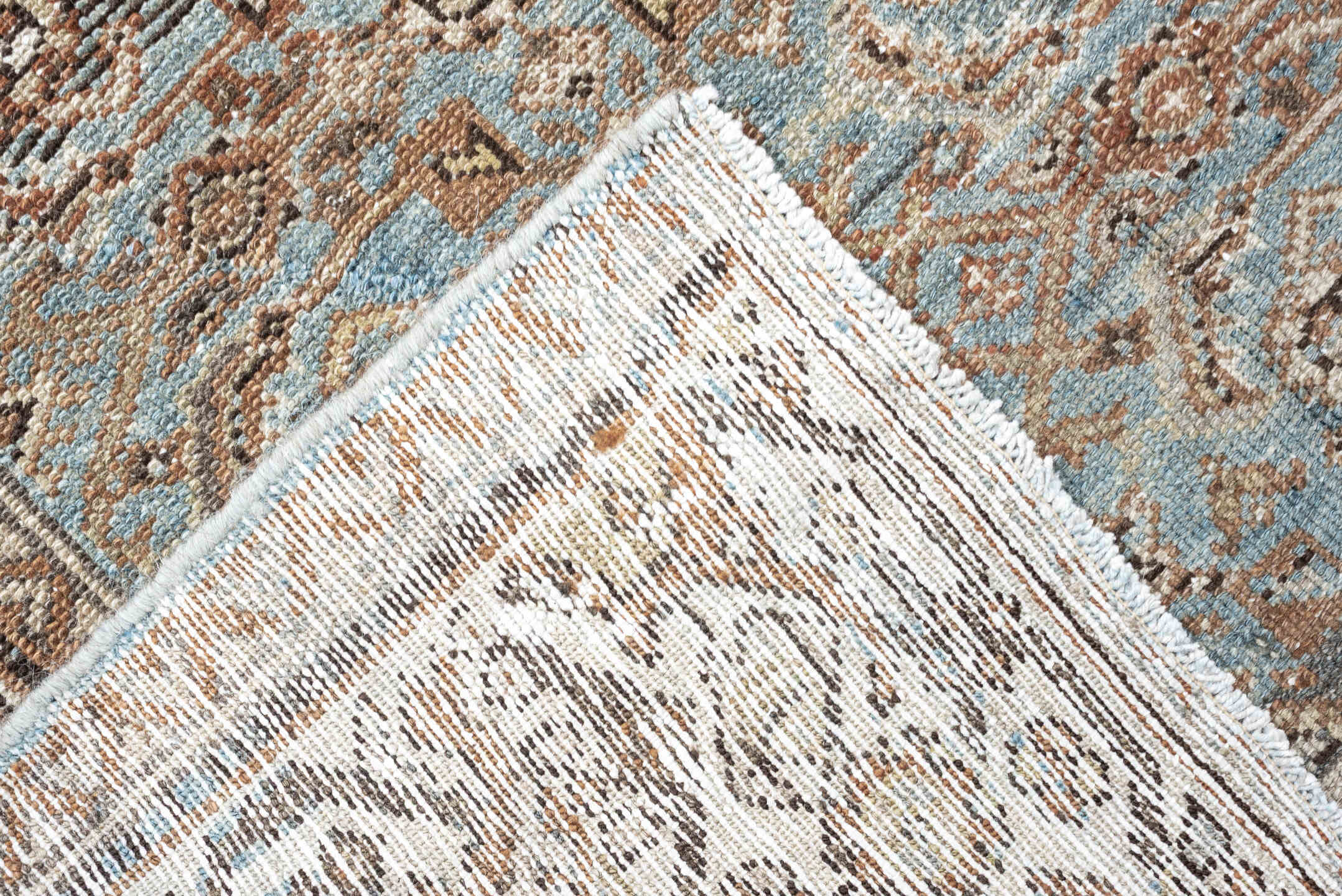 5' x 10' one-of-a-kind handmade vintage Malayer rug. Color palette: ivory, sky blue, taupe, brown, camel, slate, rust