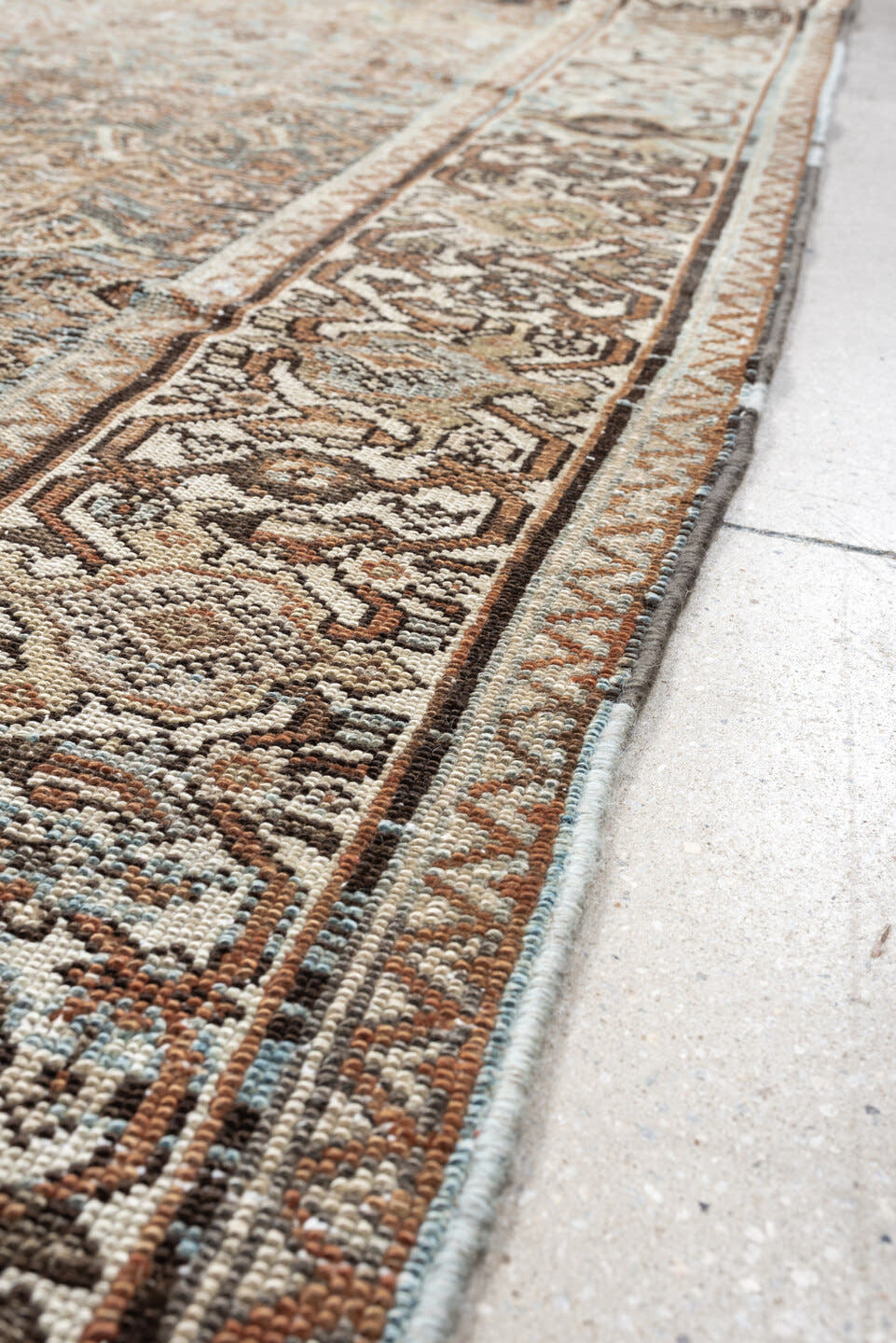 5' x 10' one-of-a-kind handmade vintage Malayer rug. Color palette: ivory, sky blue, taupe, brown, camel, slate, rust